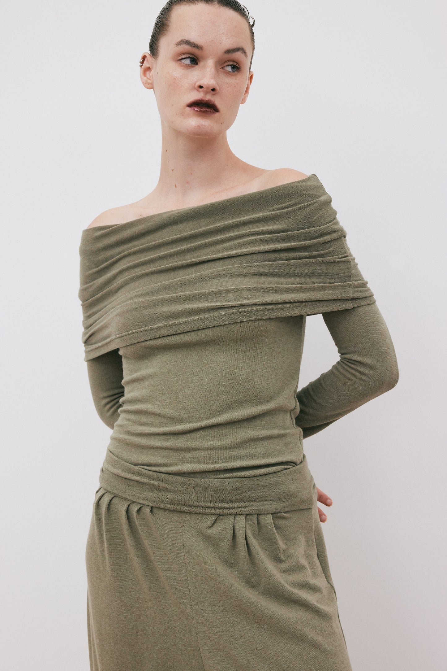 Cold Shoulder Jersey Knit Top, Olive