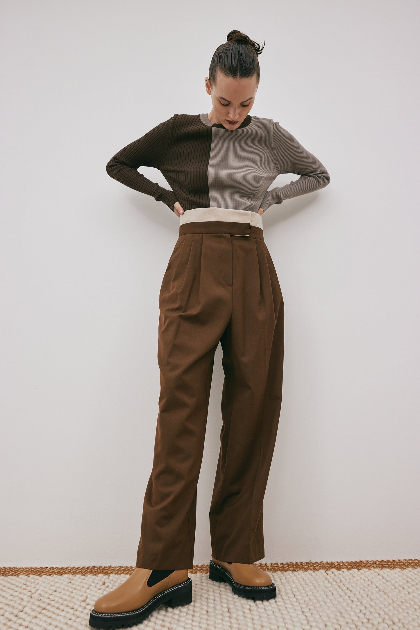 Double Belted Trousers, Oat & Brown Melange