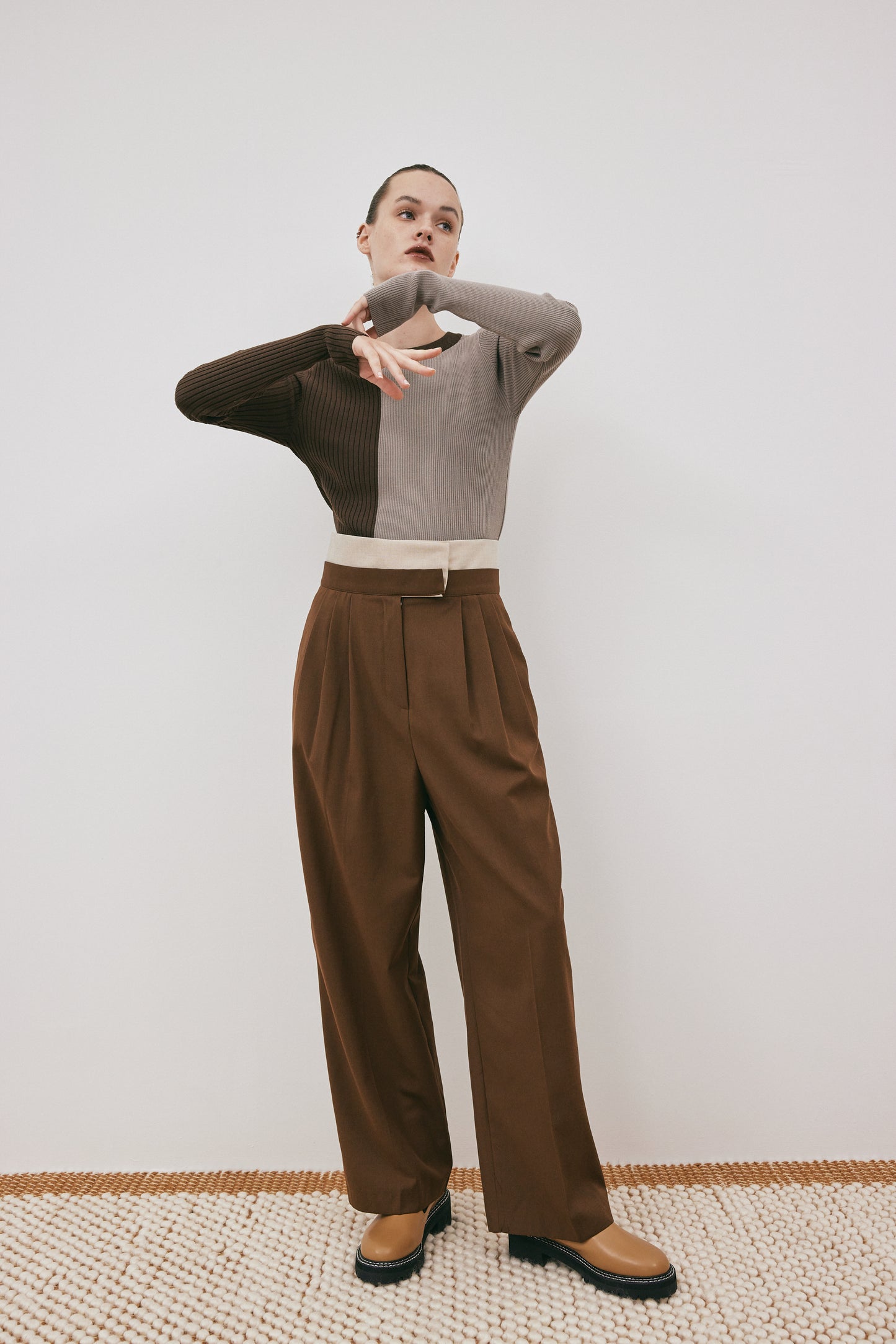 Double Belted Trousers, Oat & Brown Melange