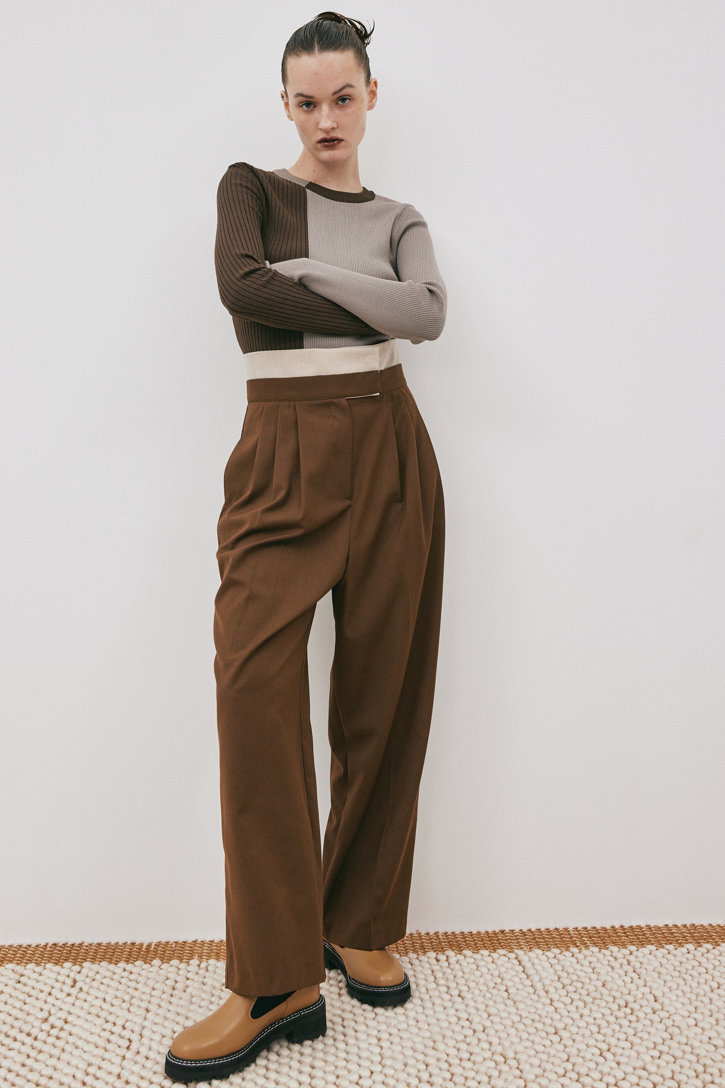 Double Belted Trousers, Oat & Brown Melange