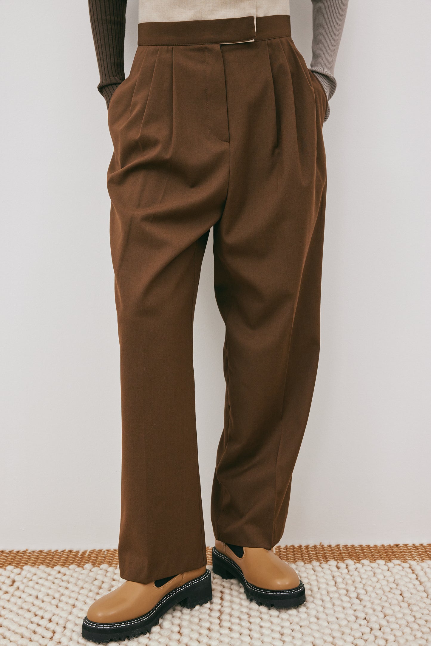 Double Belted Trousers, Oat & Brown Melange