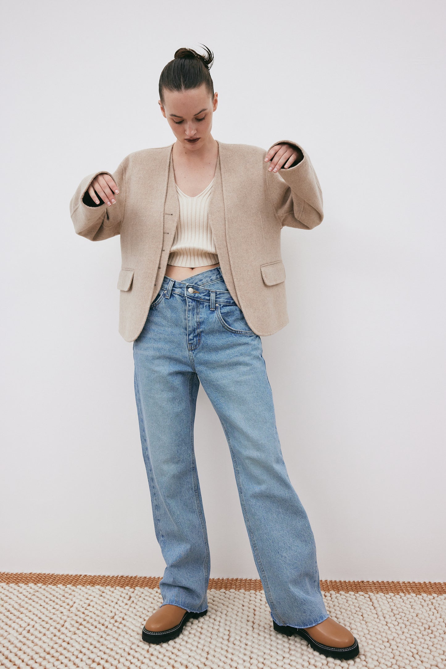 Duo Layered Collarless Blazer, Oatmilk