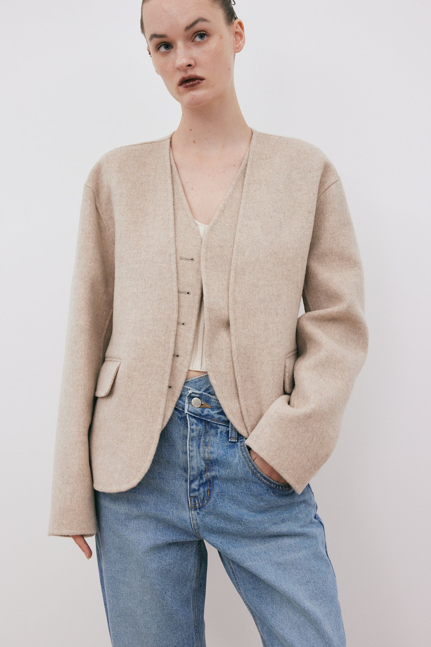 Duo Layered Collarless Blazer, Oatmilk