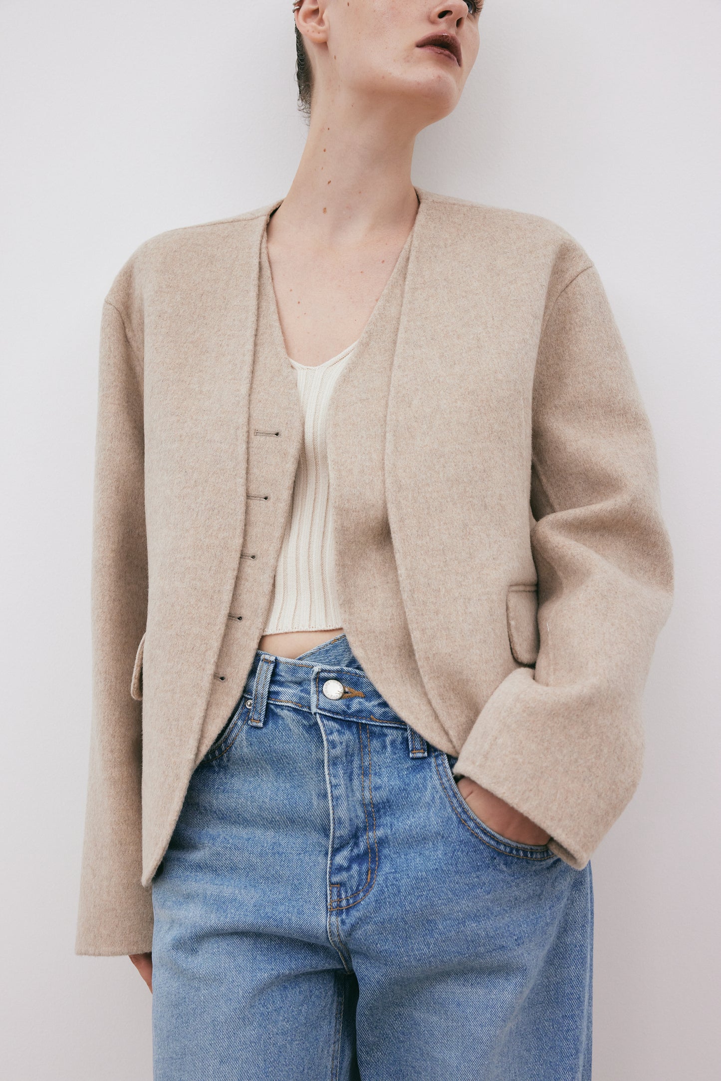 Duo Layered Collarless Blazer, Oatmilk