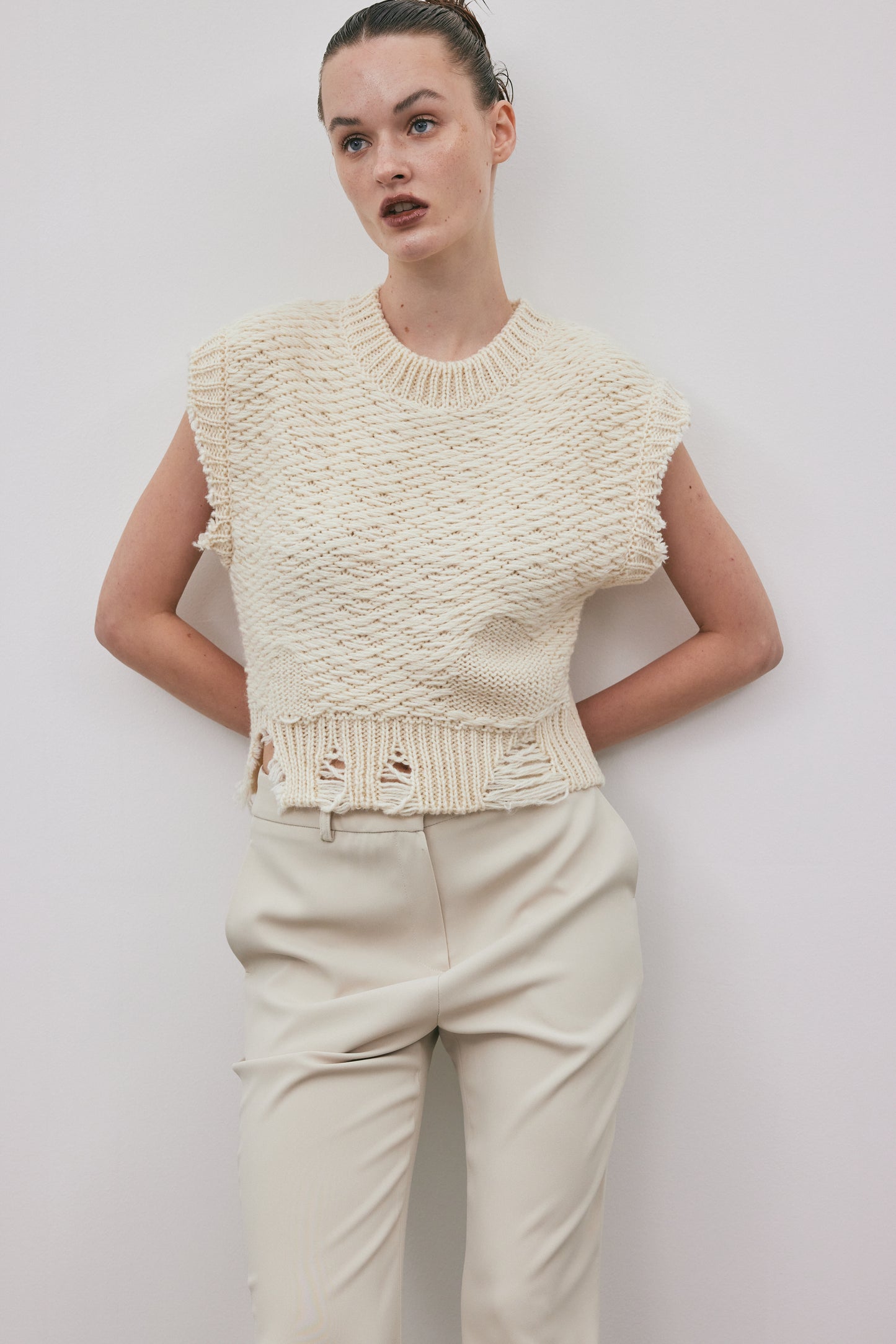 Distressed Knit Vest, Eggnog