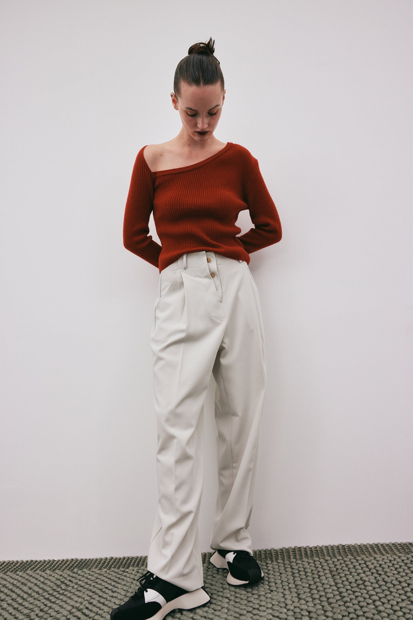 Asymmetric Collar Cashmere Knit, Rust