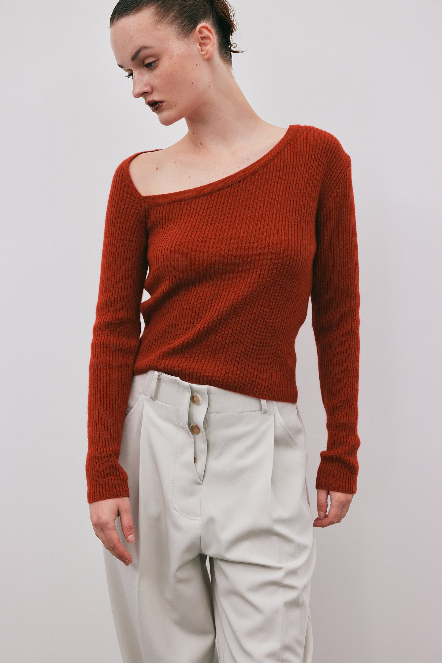 Asymmetric Collar Cashmere Knit, Rust