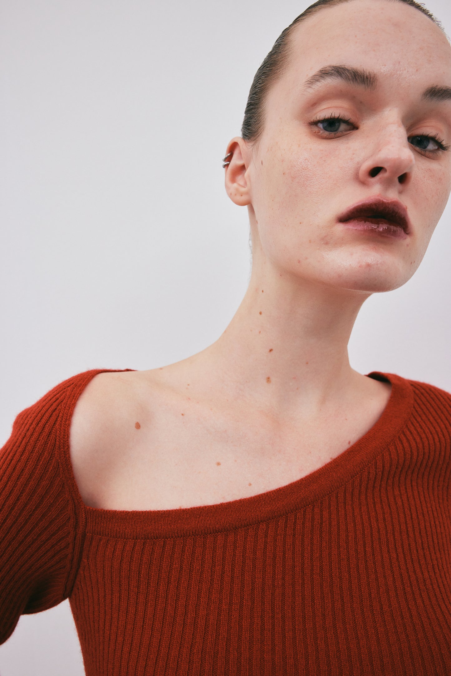 Asymmetric Collar Cashmere Knit, Rust