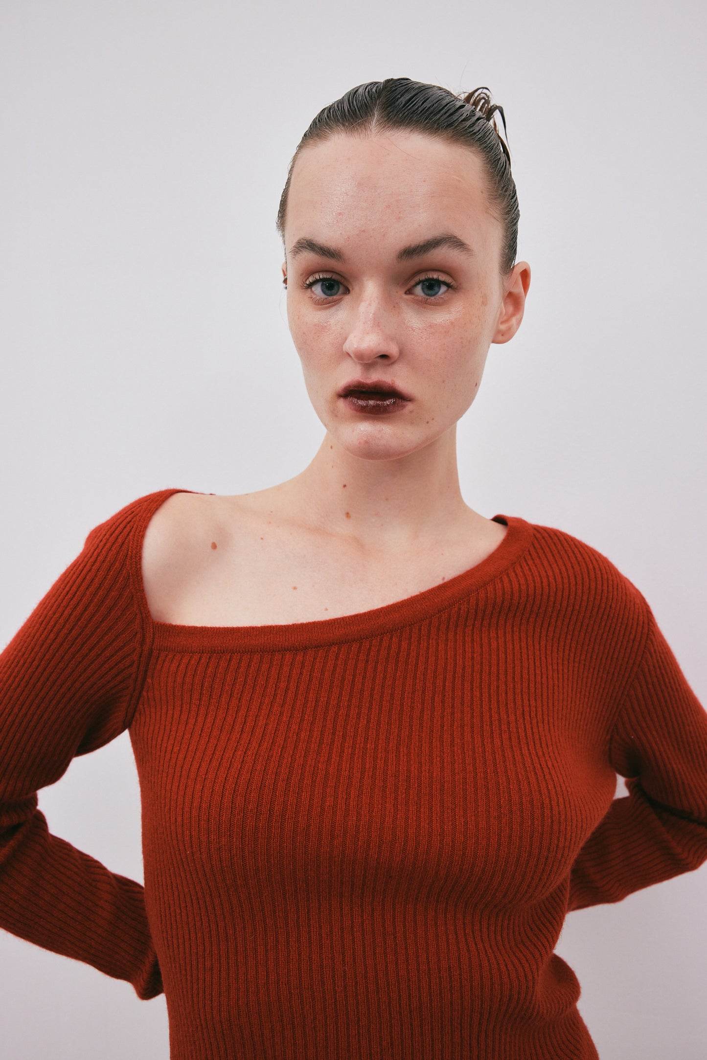 Asymmetric Collar Cashmere Knit, Rust