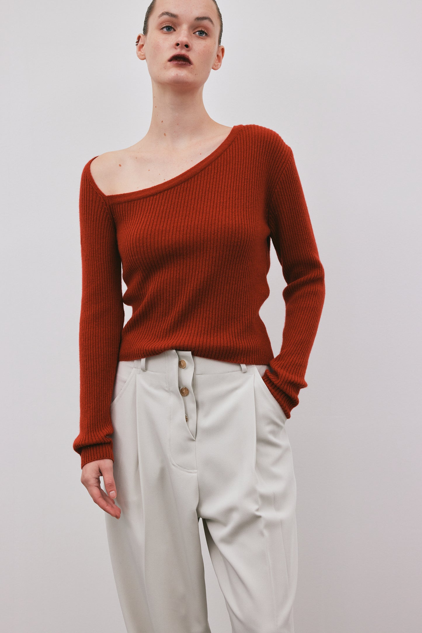 Asymmetric Collar Cashmere Knit, Rust