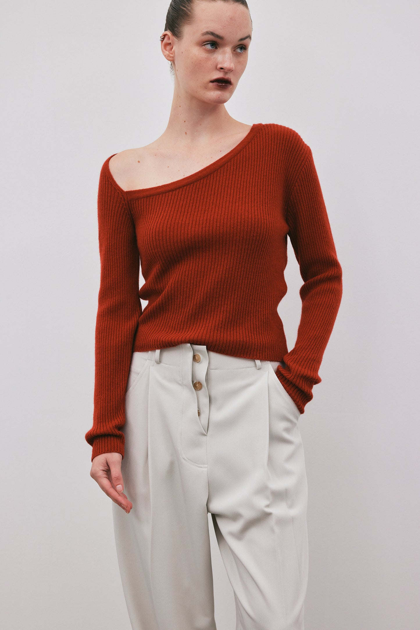 Asymmetric Collar Cashmere Knit, Rust