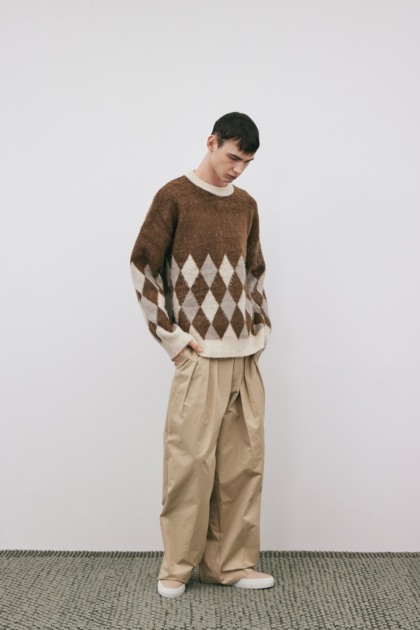 Grunge Hairy Pullover Sweater, Java Argyle