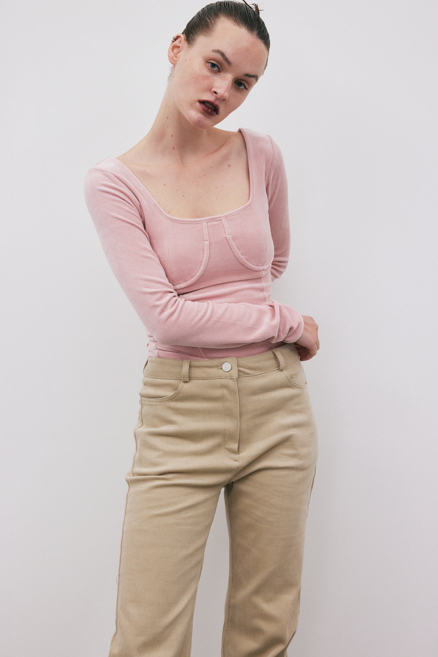Sweetheart Neckline Velvet Tee, Pink