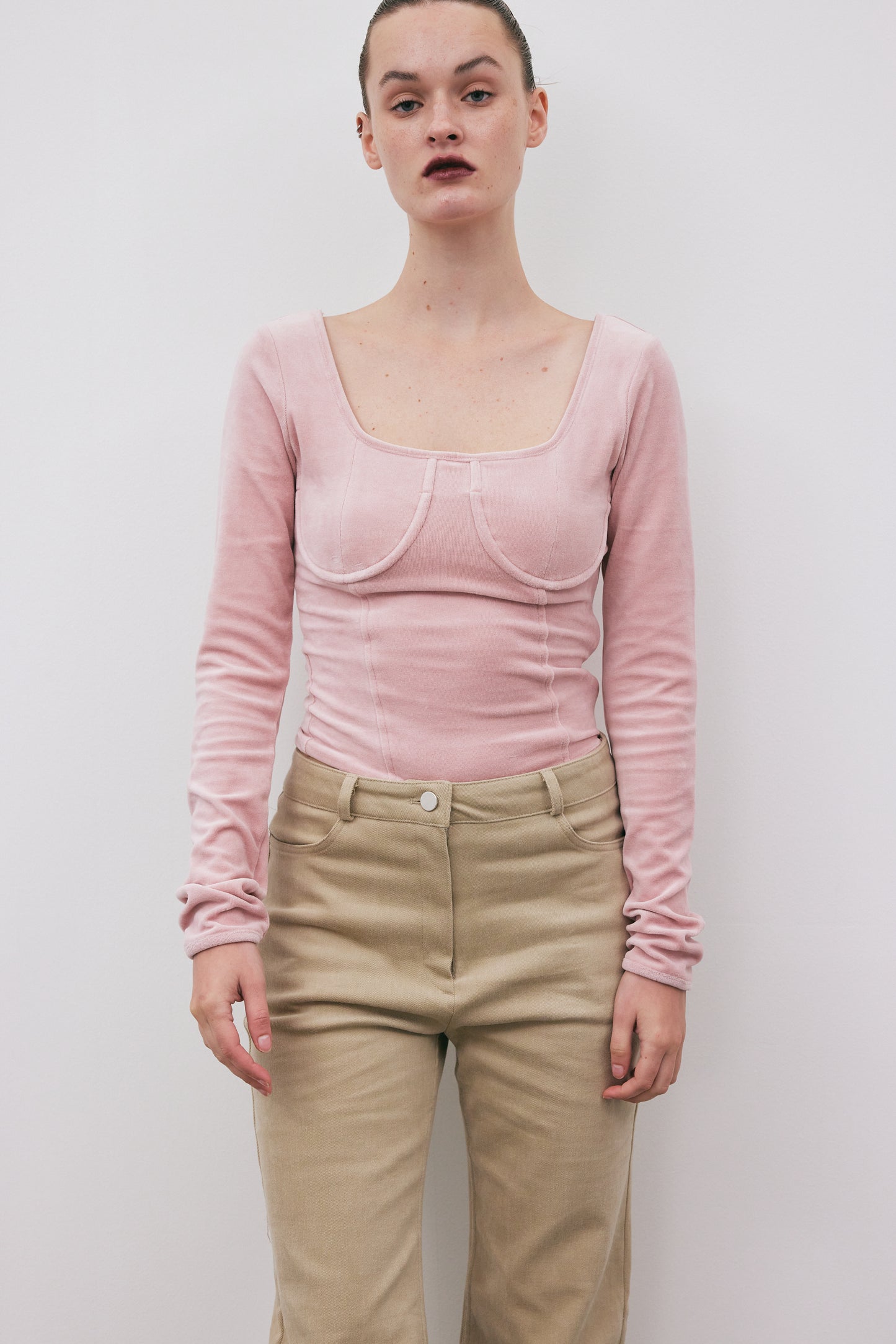 Sweetheart Neckline Velvet Tee, Pink