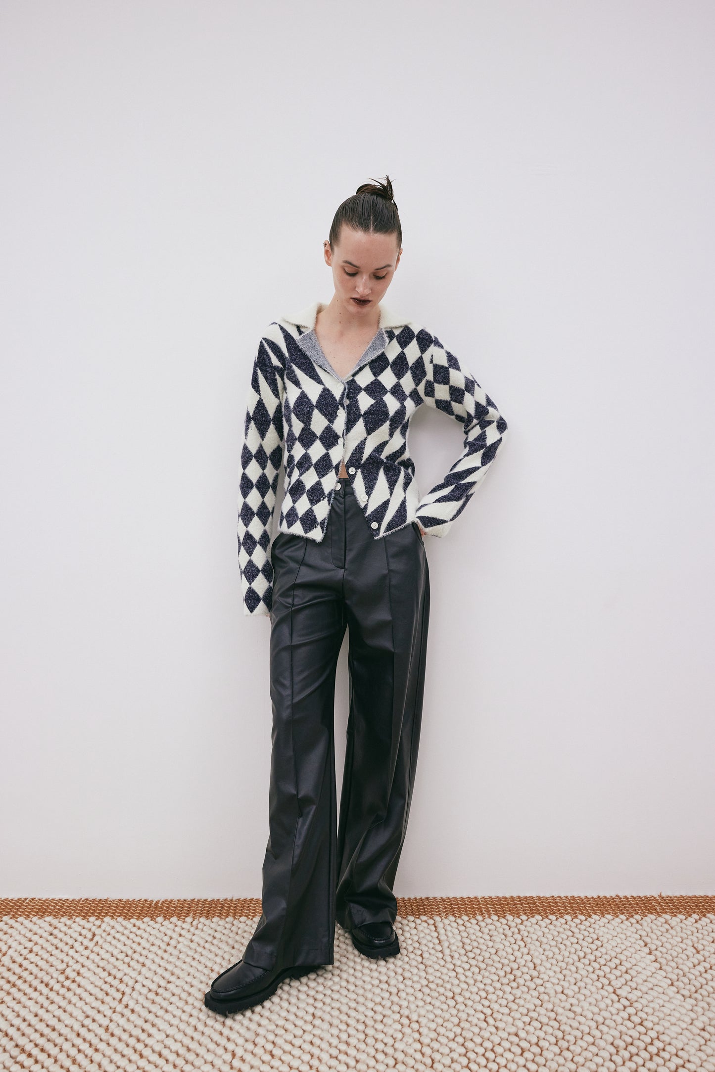 Rhombus Fuzzy Sweater Cardigan, Navy & Cream