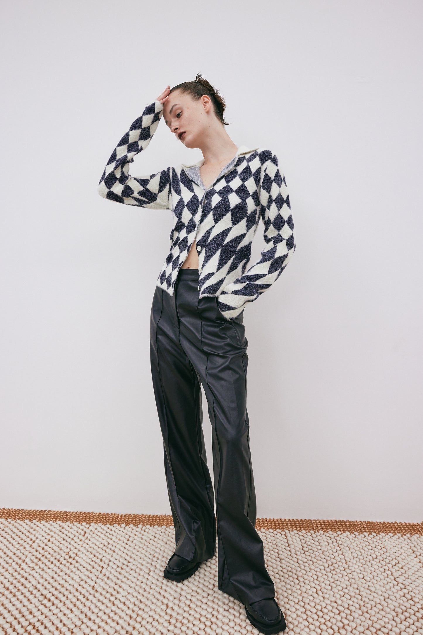 Rhombus Fuzzy Sweater Cardigan, Navy & Cream
