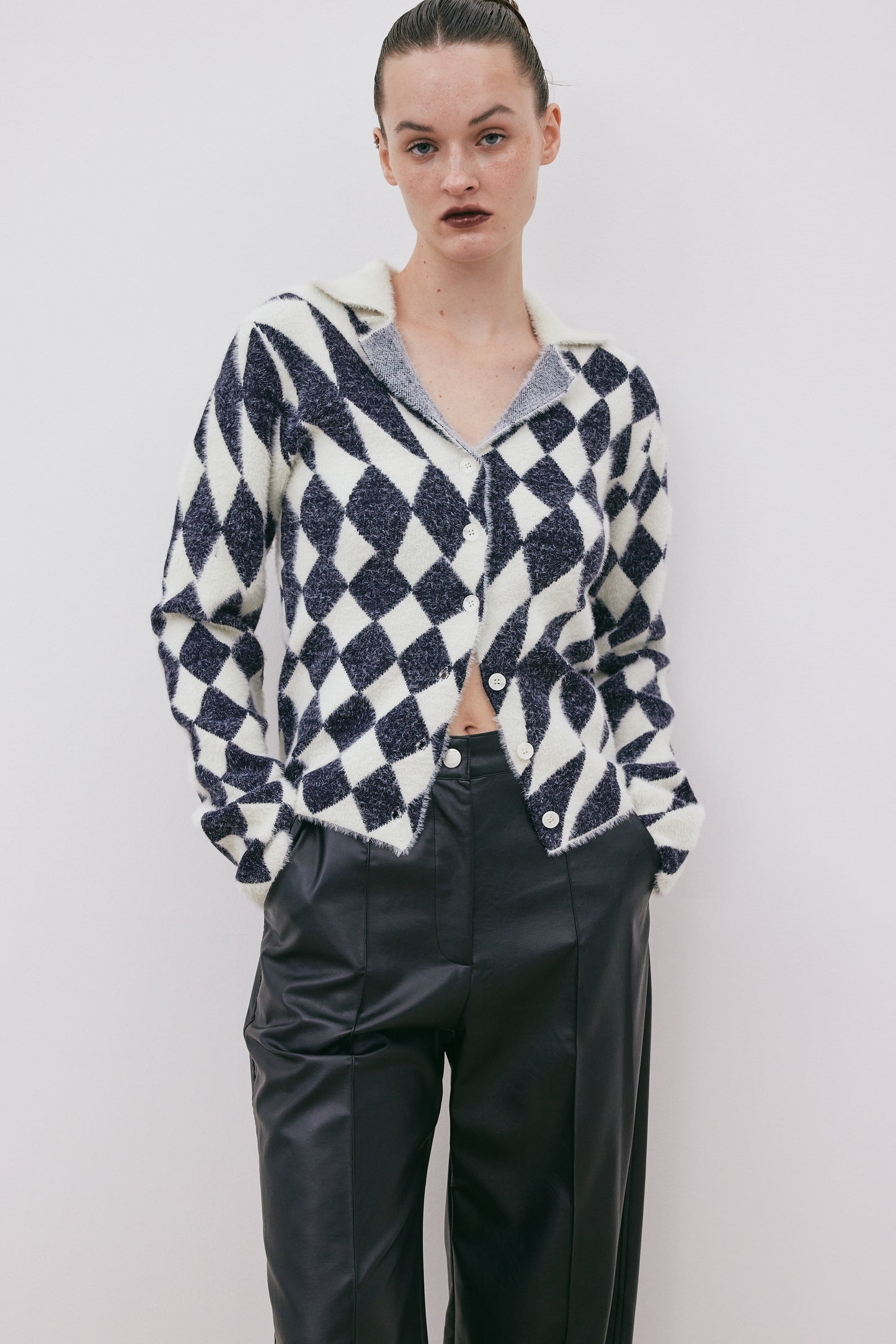 Rhombus Fuzzy Sweater Cardigan, Navy & Cream