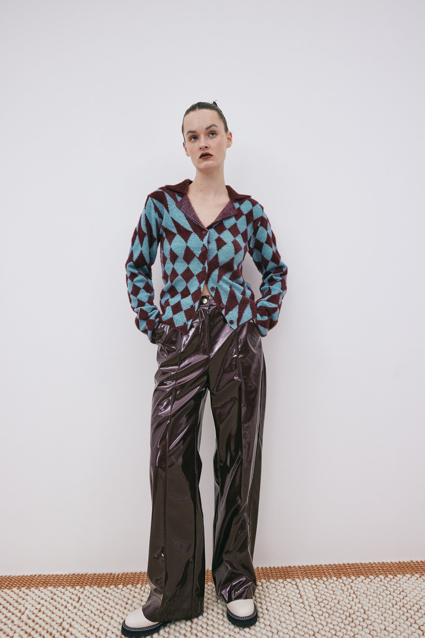 Glossy Eco Leather Trousers, Wine
