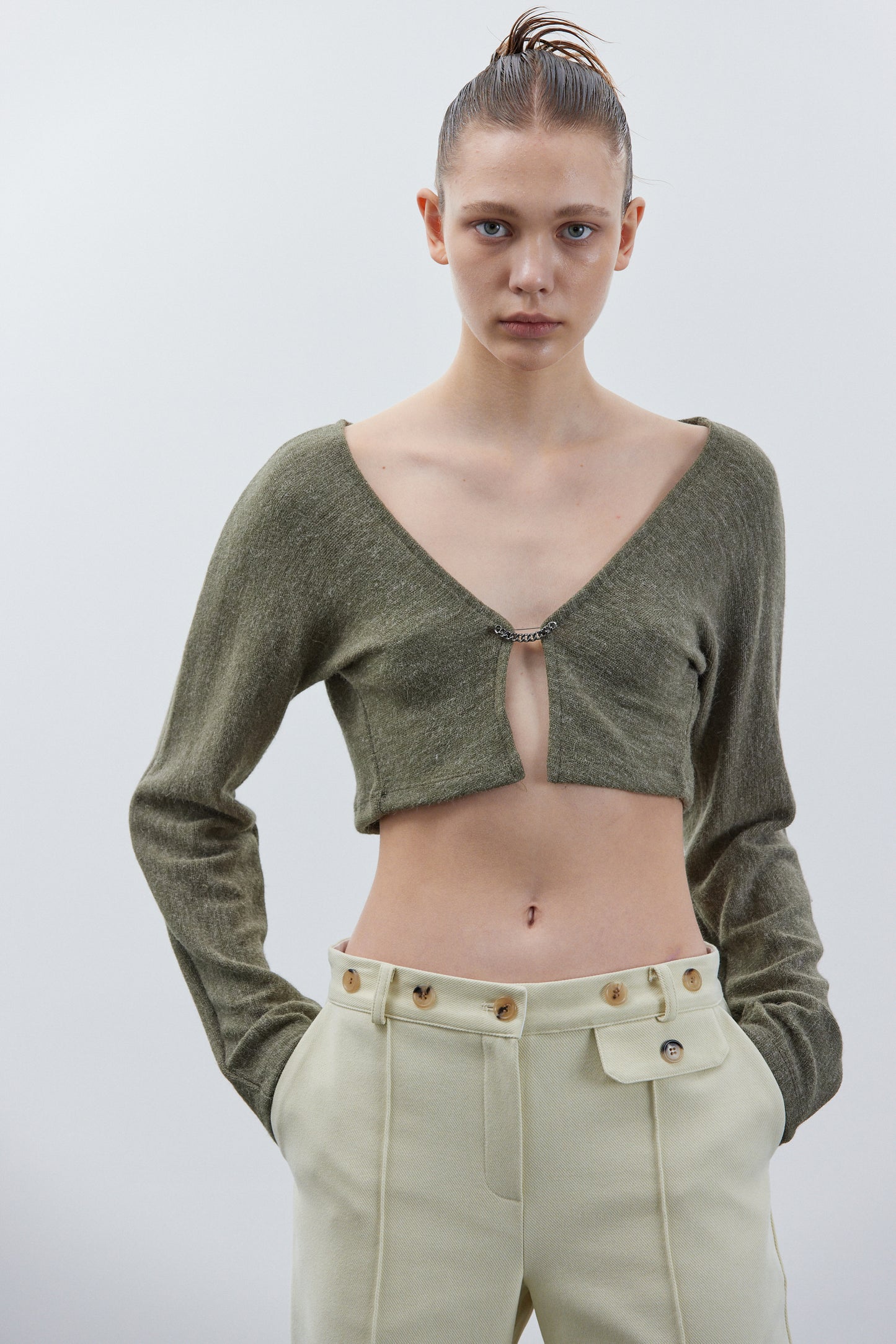 Chain Link Open Cardigan, Fern Green Melange