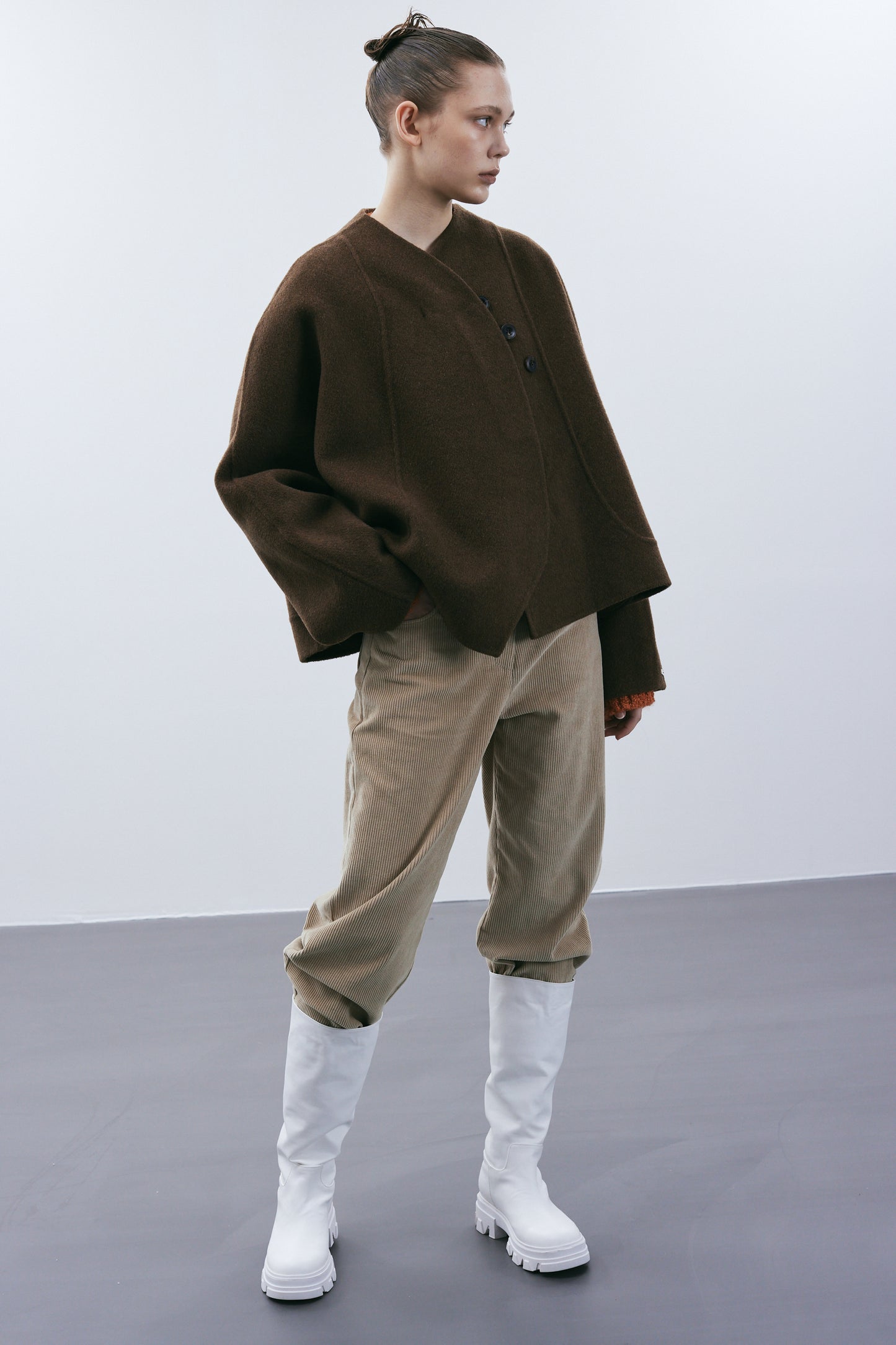 Round Lapel Wool Coat, Dark Chocolate