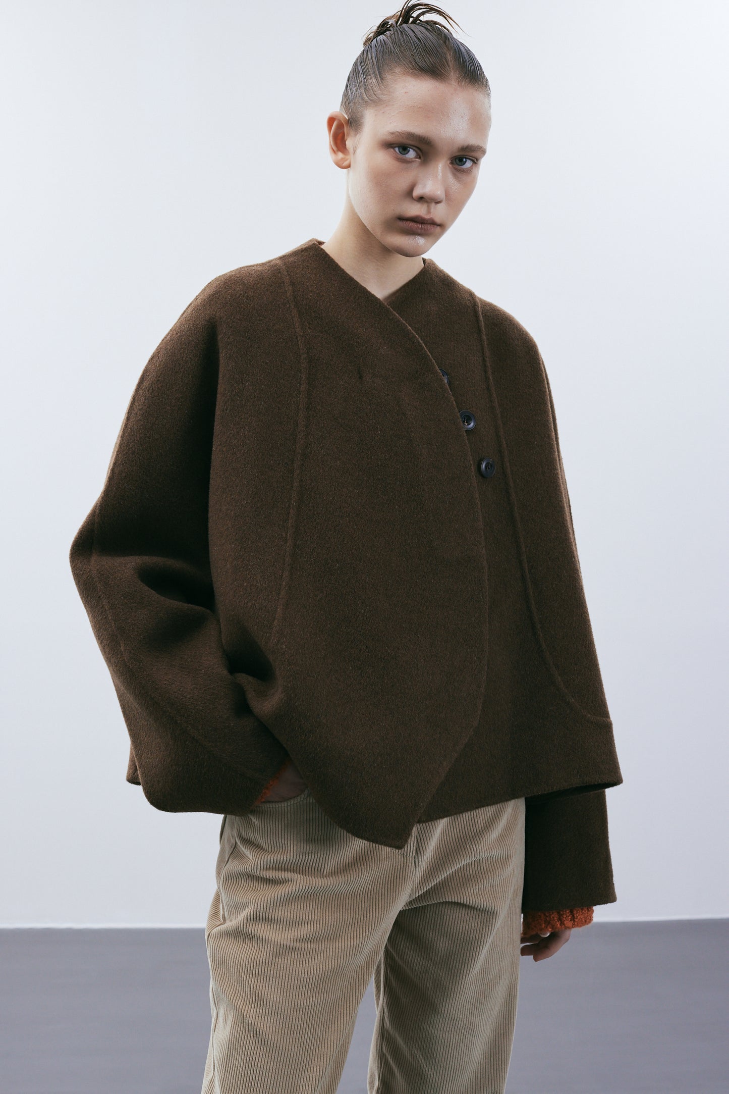 Round Lapel Wool Coat, Dark Chocolate