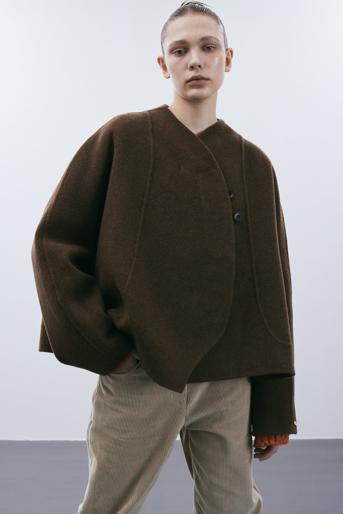 Round Lapel Wool Coat, Dark Chocolate
