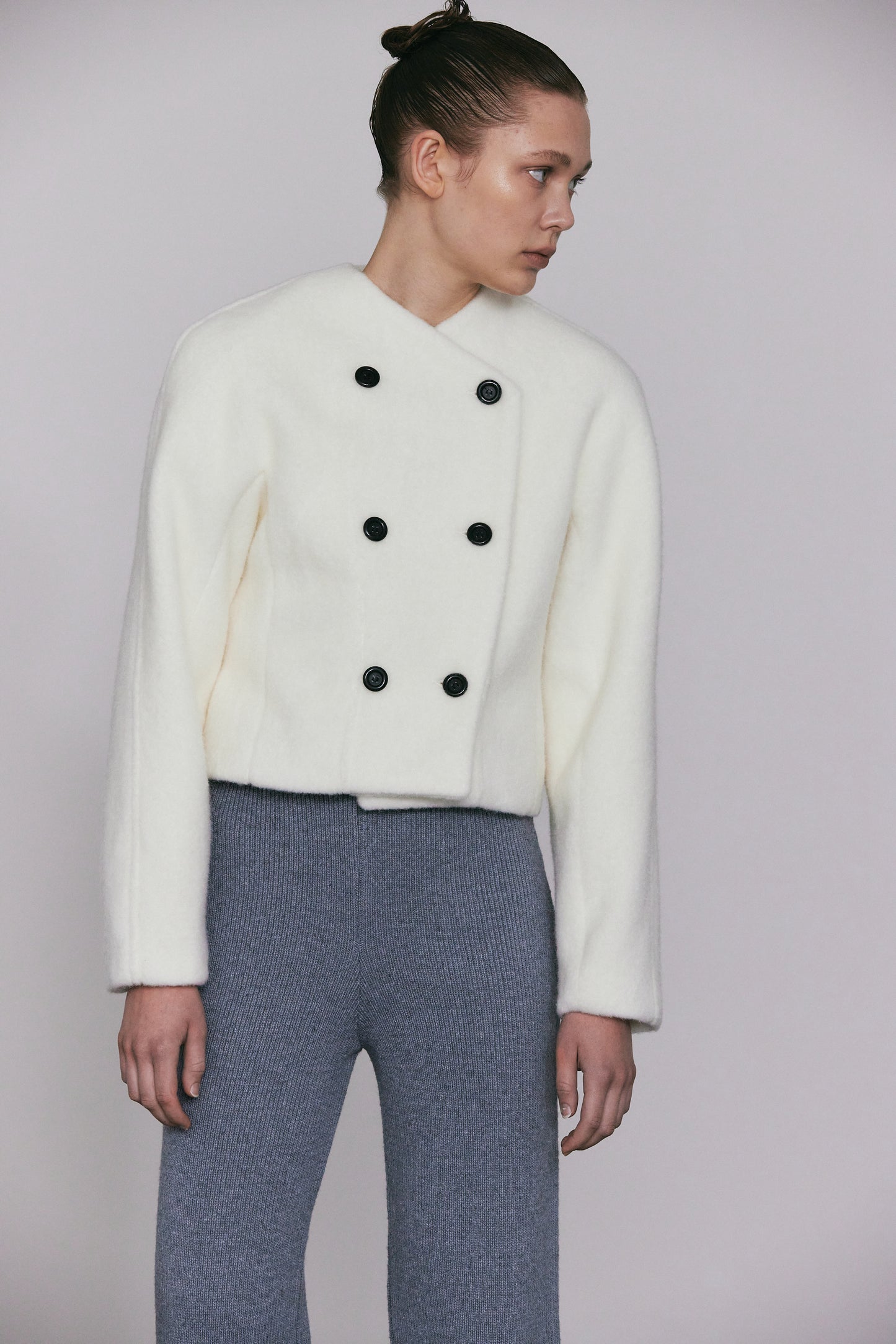 Double Breasted Soft Boucle Jacket, Ivory