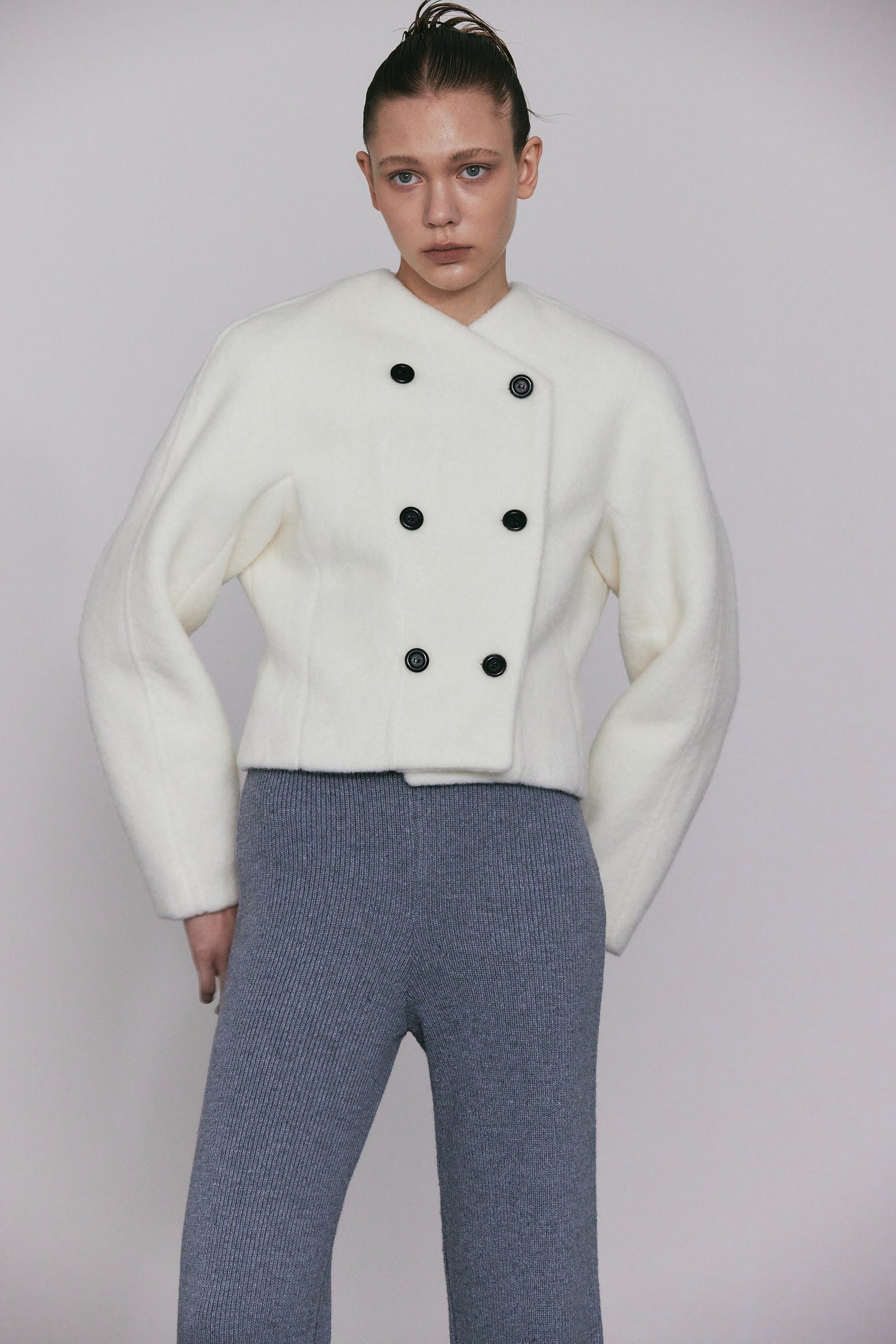 Double Breasted Soft Boucle Jacket, Ivory