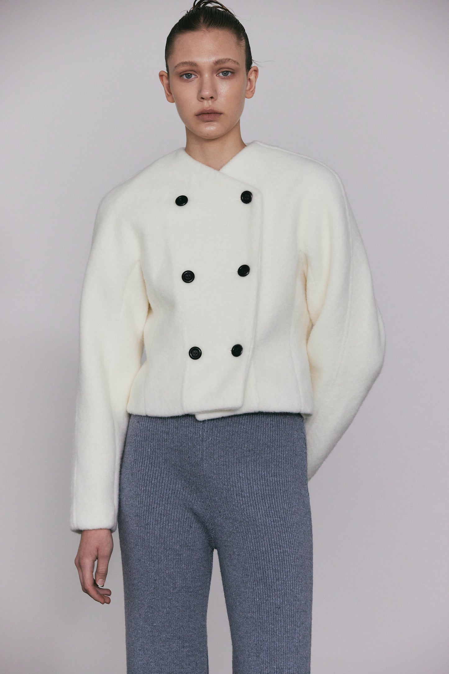 Double Breasted Soft Boucle Jacket, Ivory