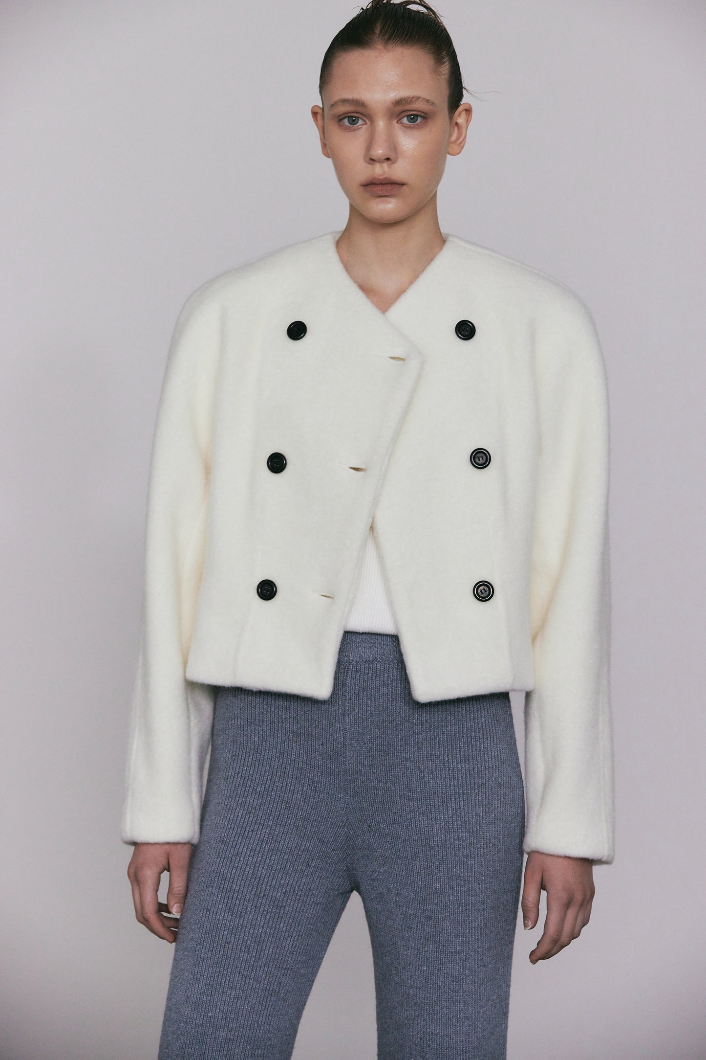Double Breasted Soft Boucle Jacket, Ivory