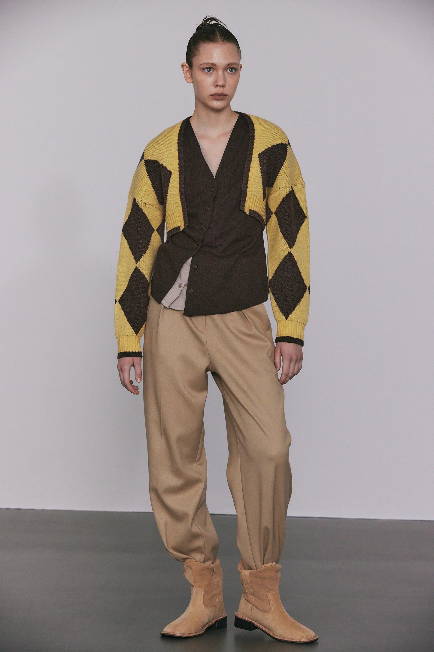 Argyle Crop Cardigan, Walnut & Cheese