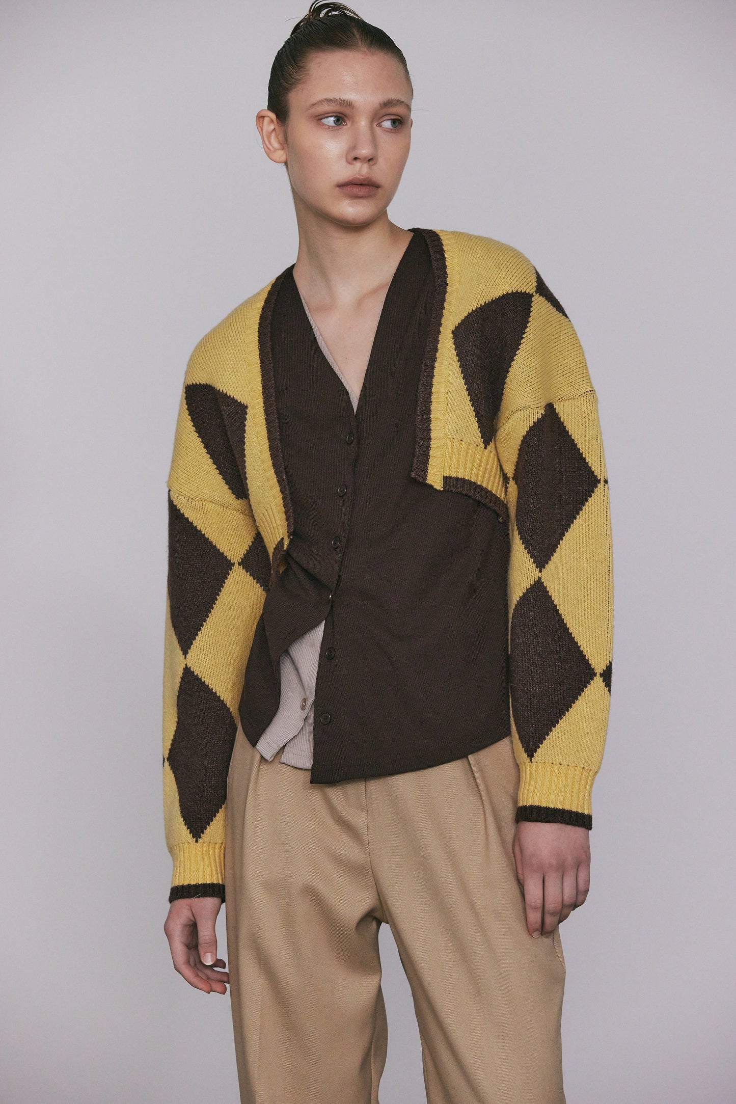 Argyle Crop Cardigan, Walnut & Cheese