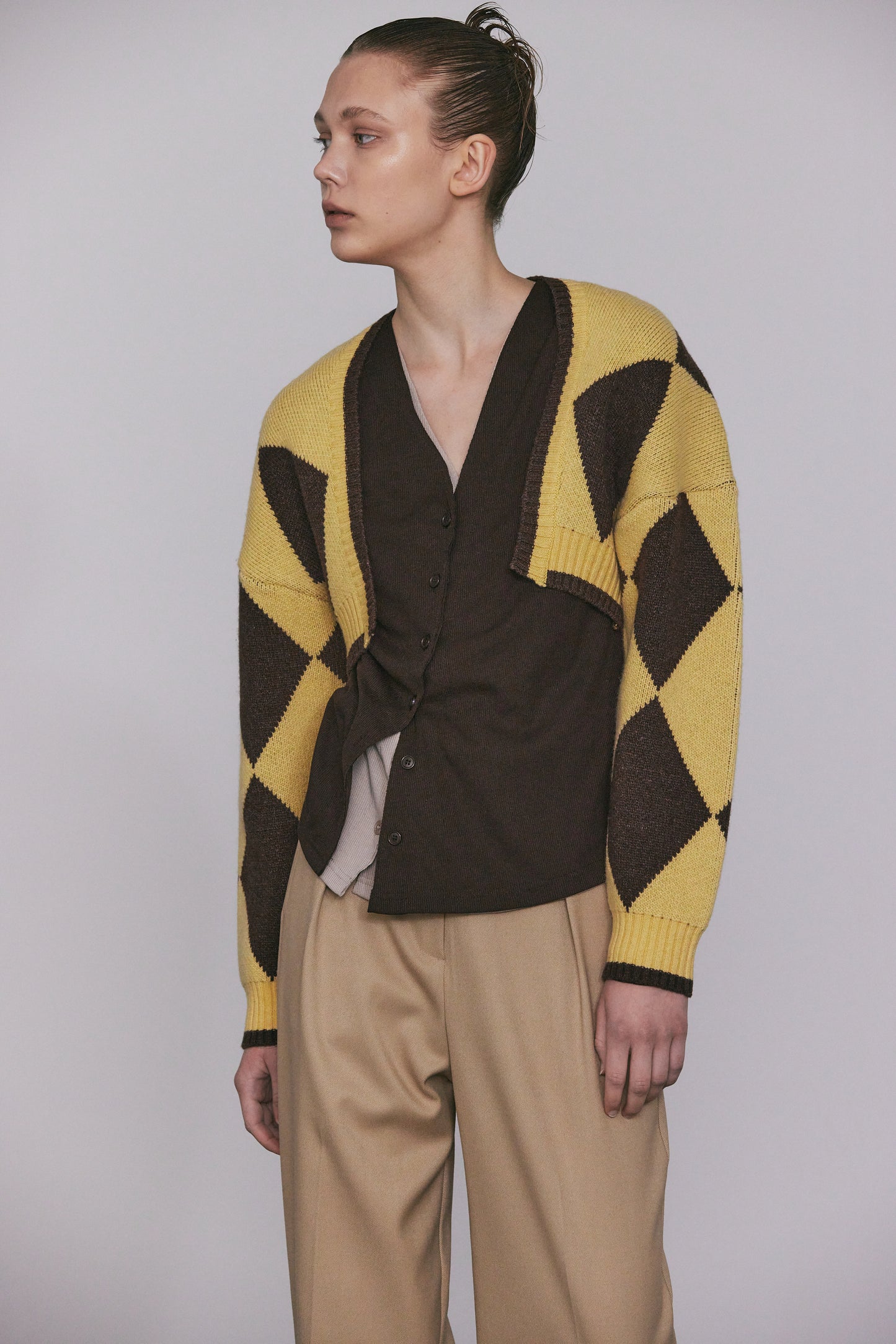 Argyle Crop Cardigan, Walnut & Cheese