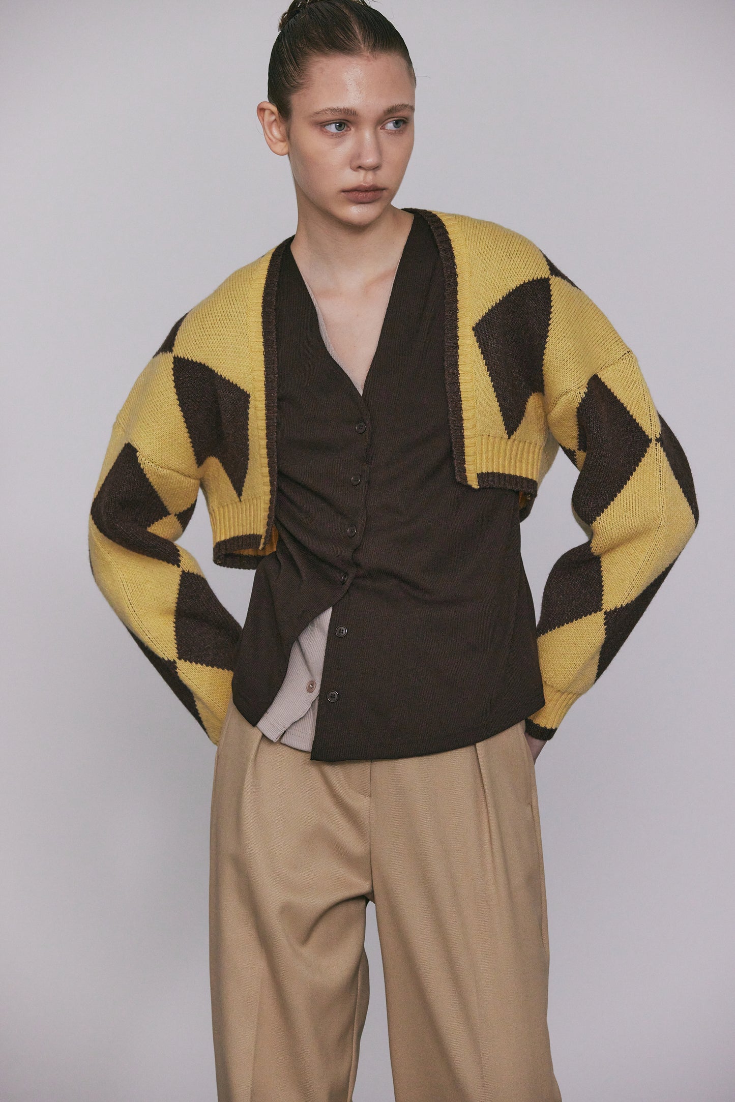 Argyle Crop Cardigan, Walnut & Cheese