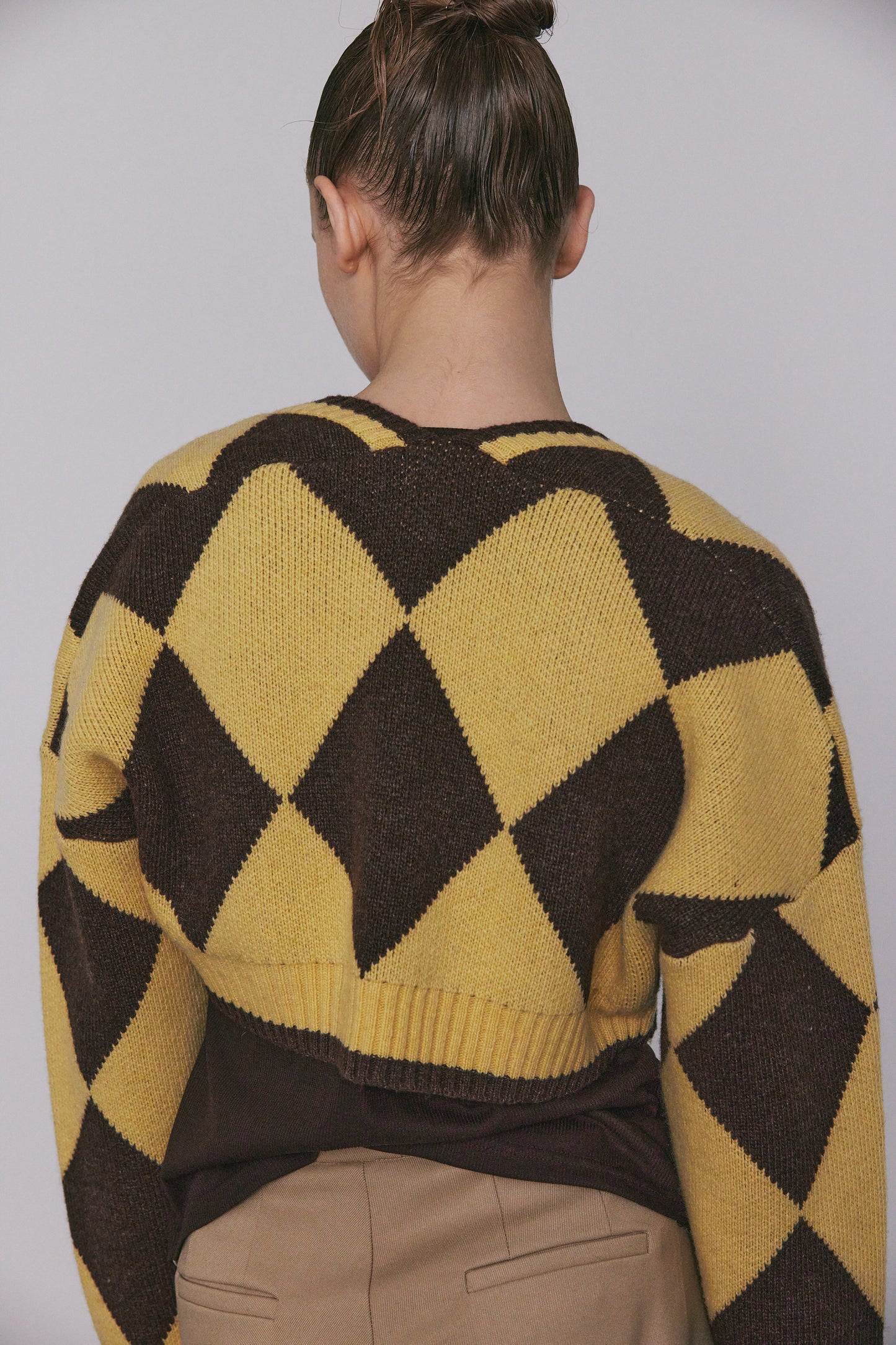Argyle Crop Cardigan, Walnut & Cheese
