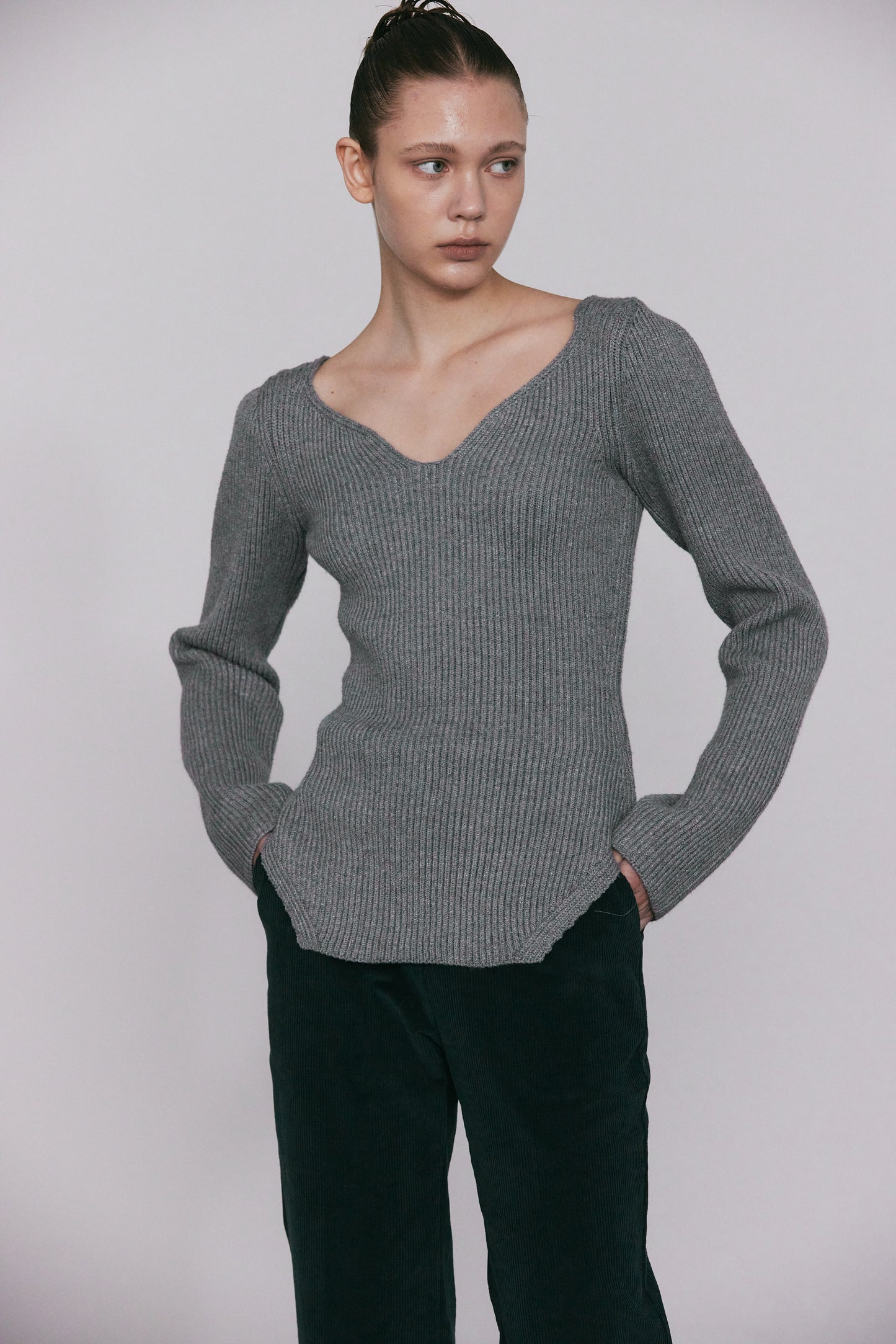 Plunge Neckline Ribbed Knit Top, Grey