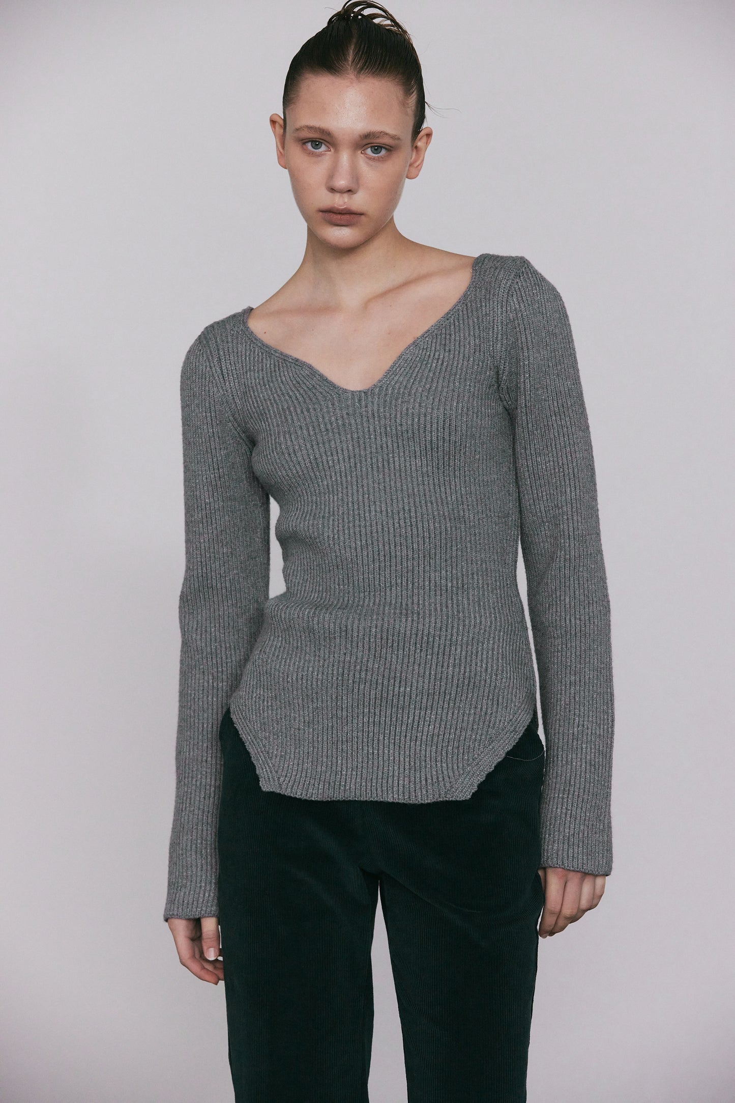 Plunge Neckline Ribbed Knit Top, Grey