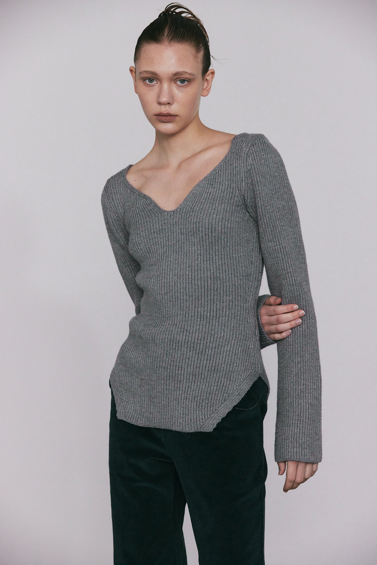 Plunge Neckline Ribbed Knit Top, Grey