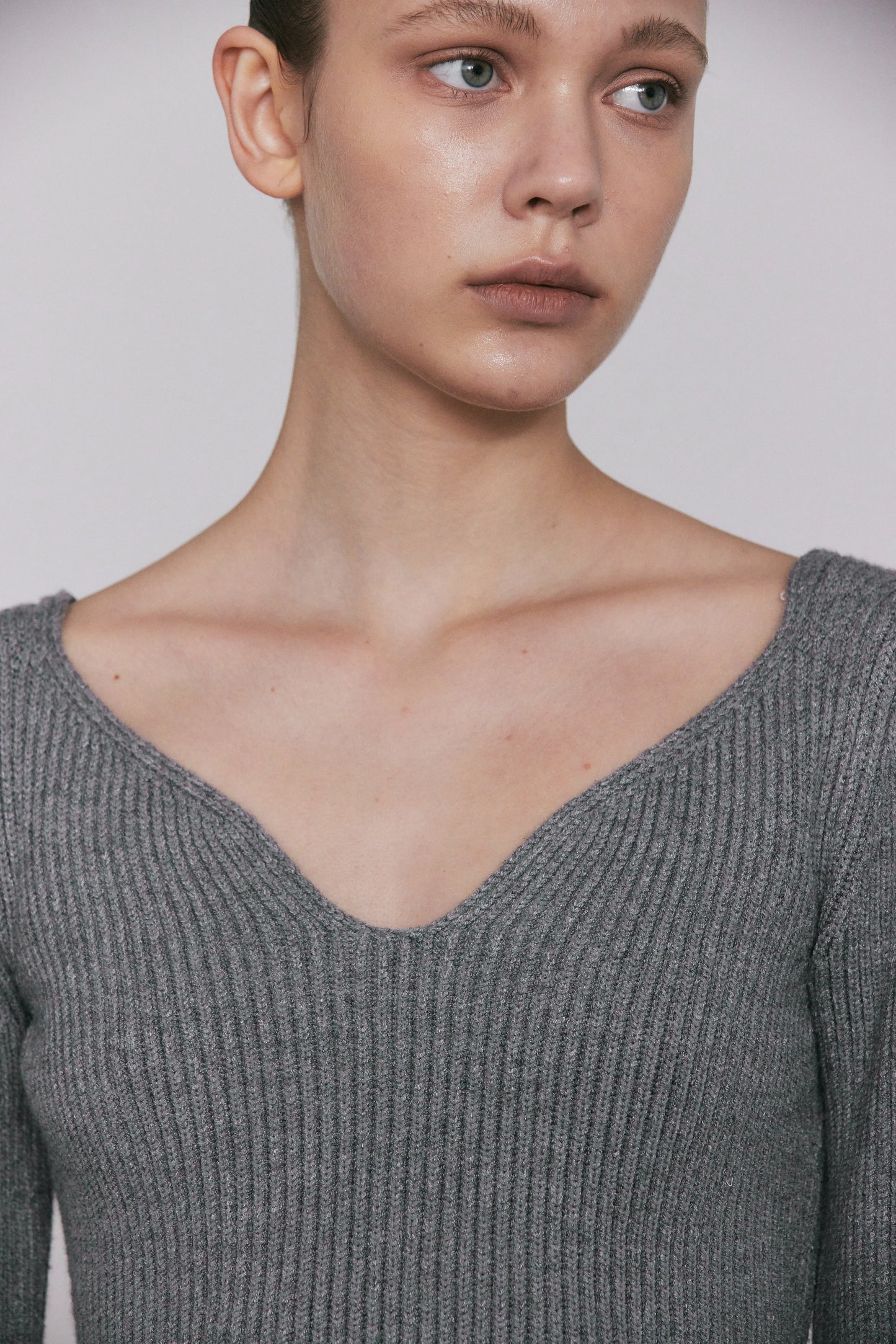 Plunge Neckline Ribbed Knit Top, Grey