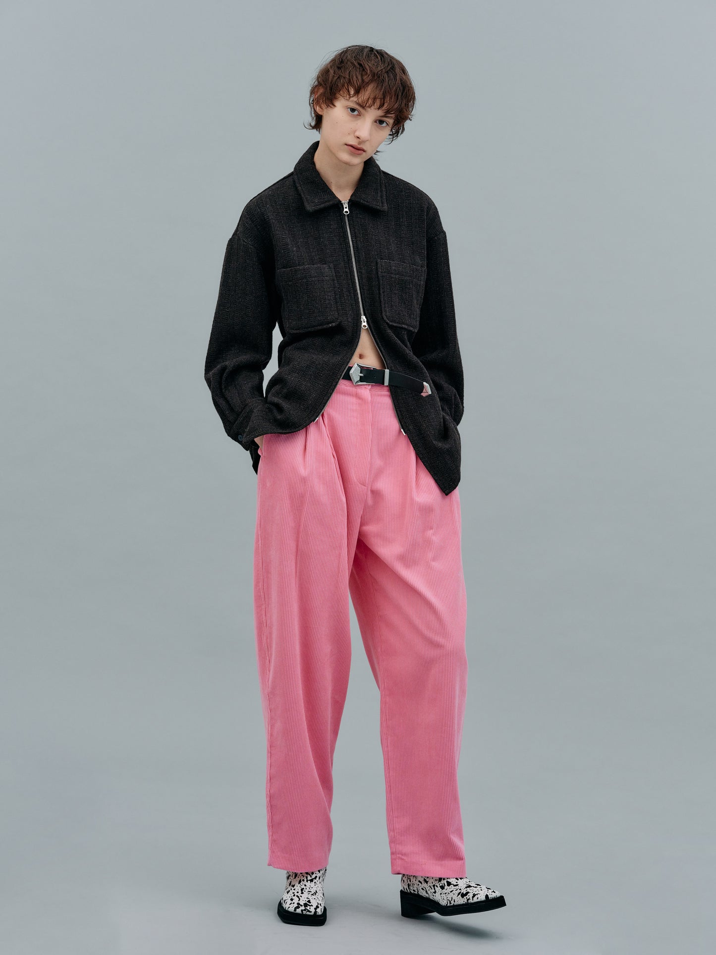 Double Pleat Belted Corduroy Pants, Pink