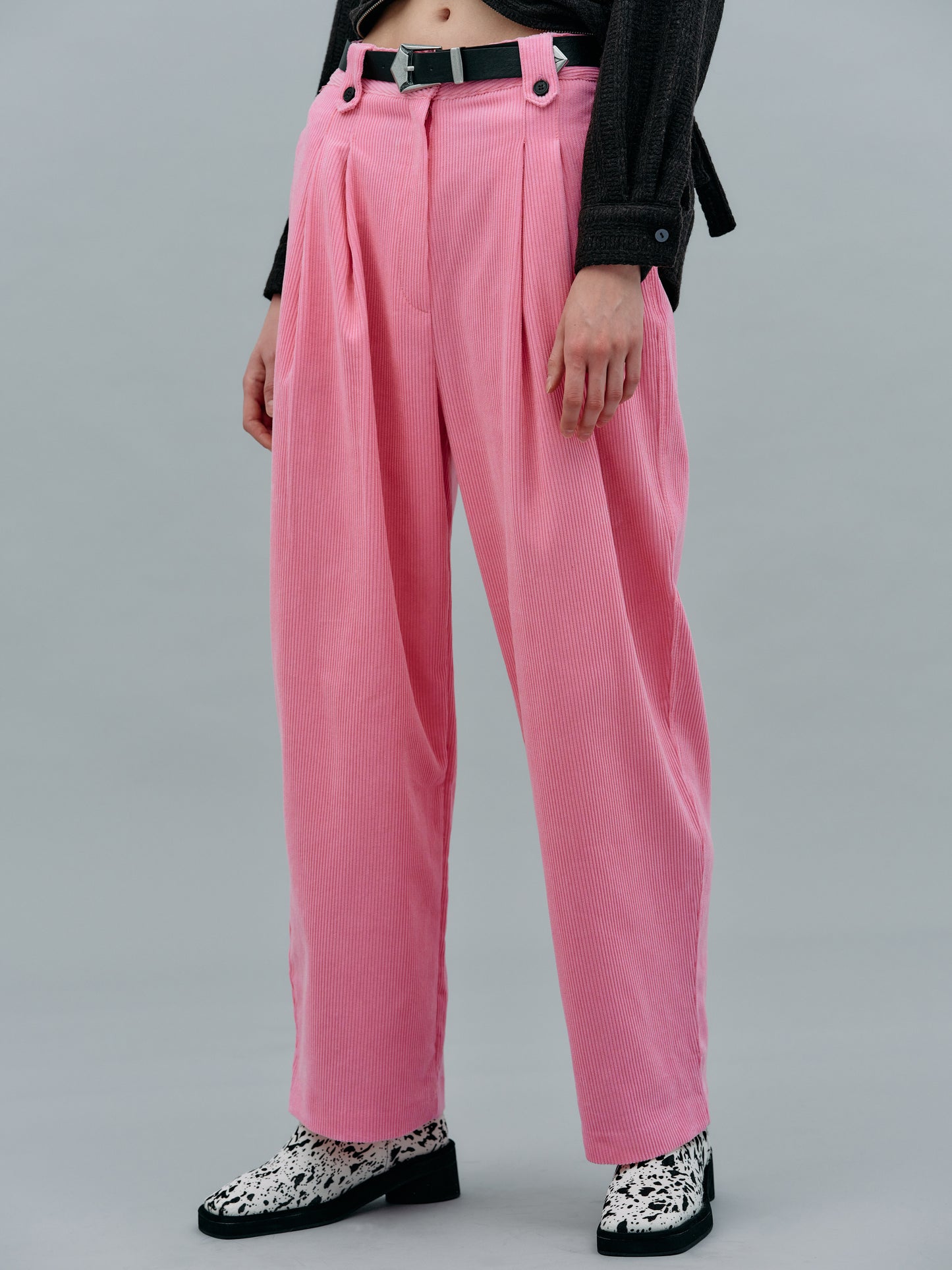 Double Pleat Belted Corduroy Pants, Pink