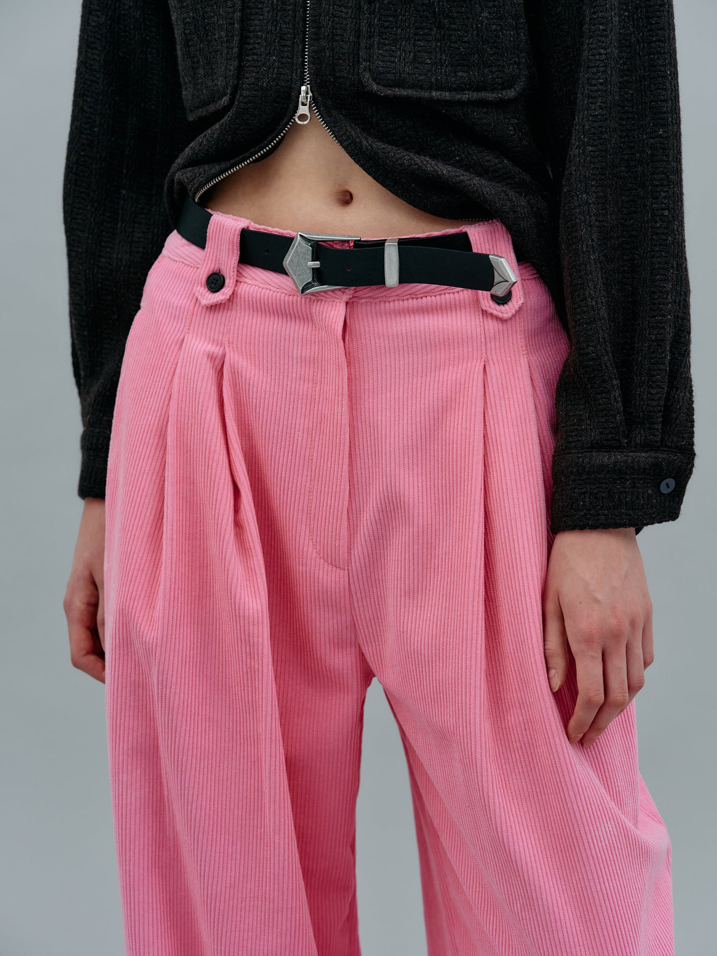 Double Pleat Belted Corduroy Pants, Pink