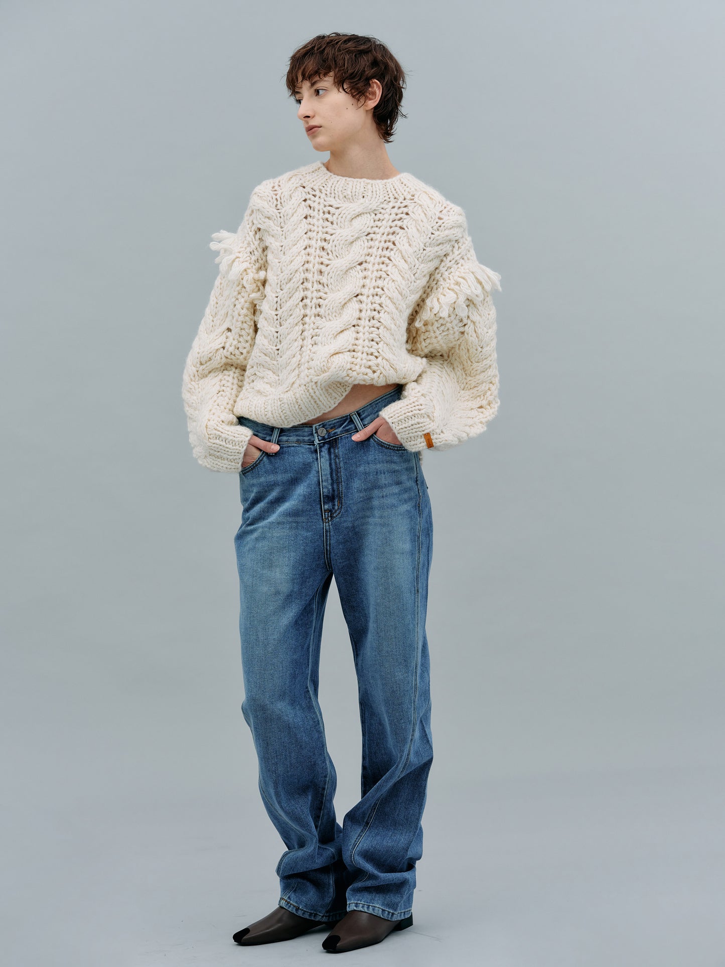Hand Knit Cable Fringe Sweater, Rice
