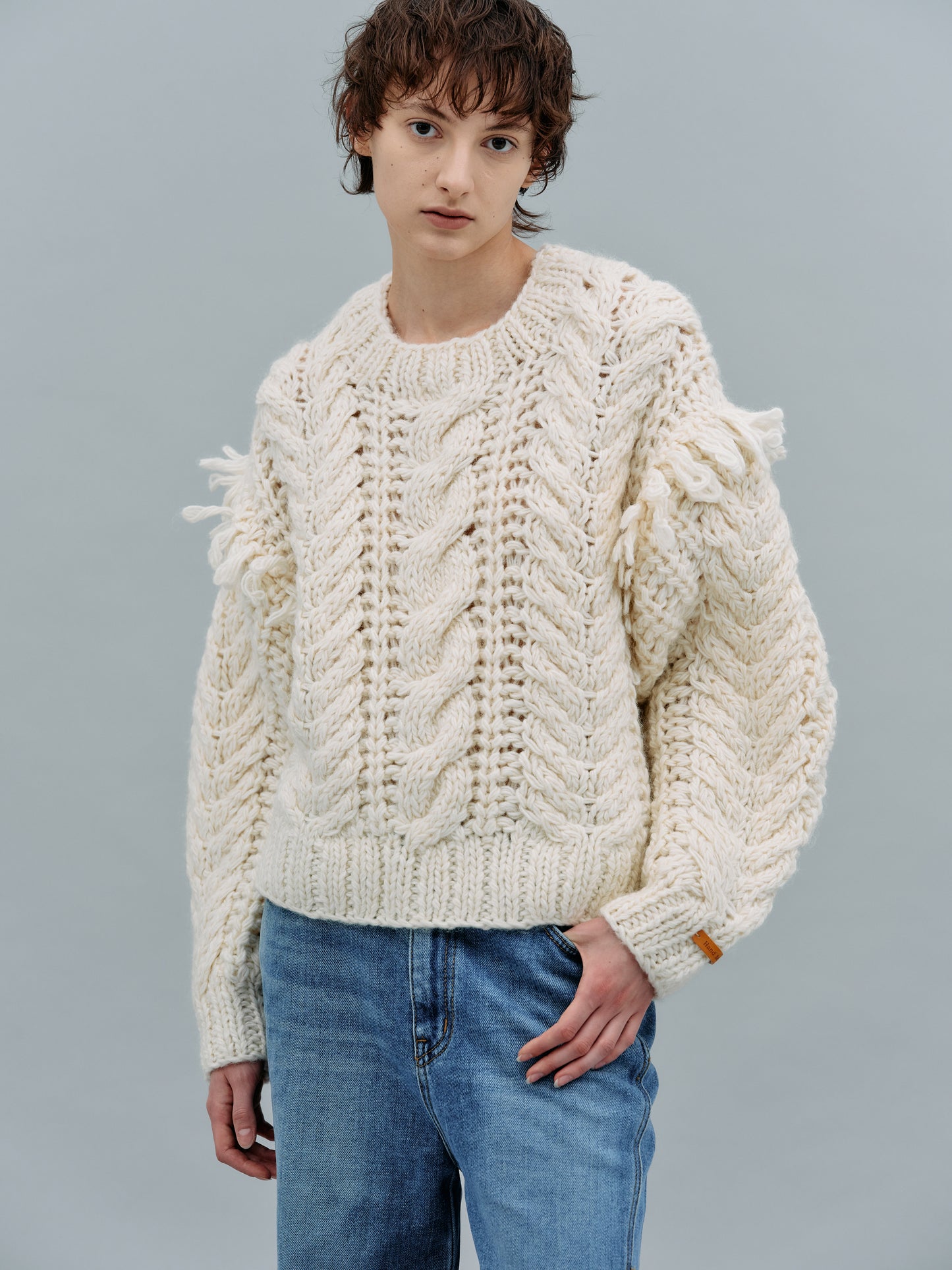 Hand Knit Cable Fringe Sweater, Rice