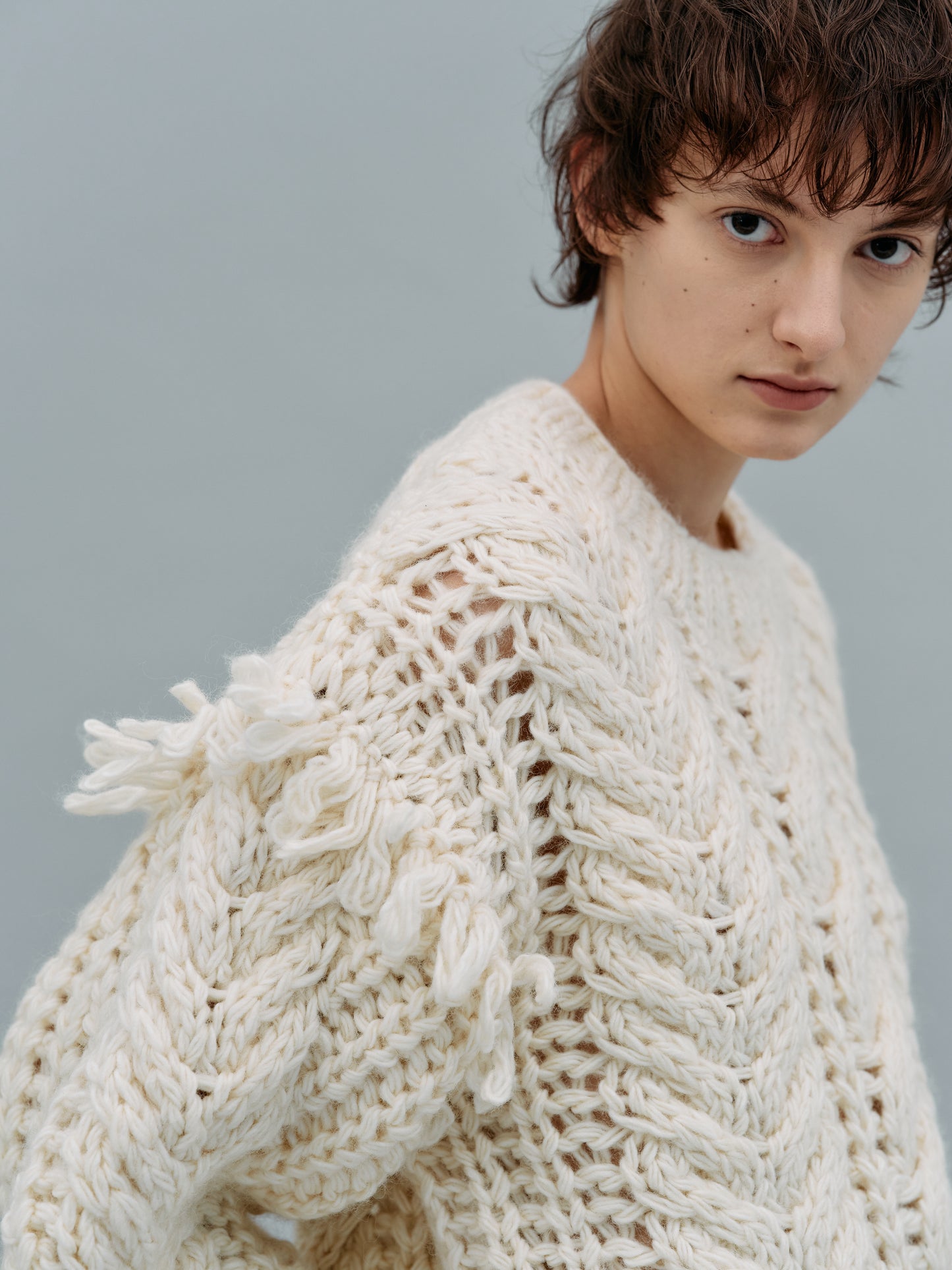 Hand Knit Cable Fringe Sweater, Rice