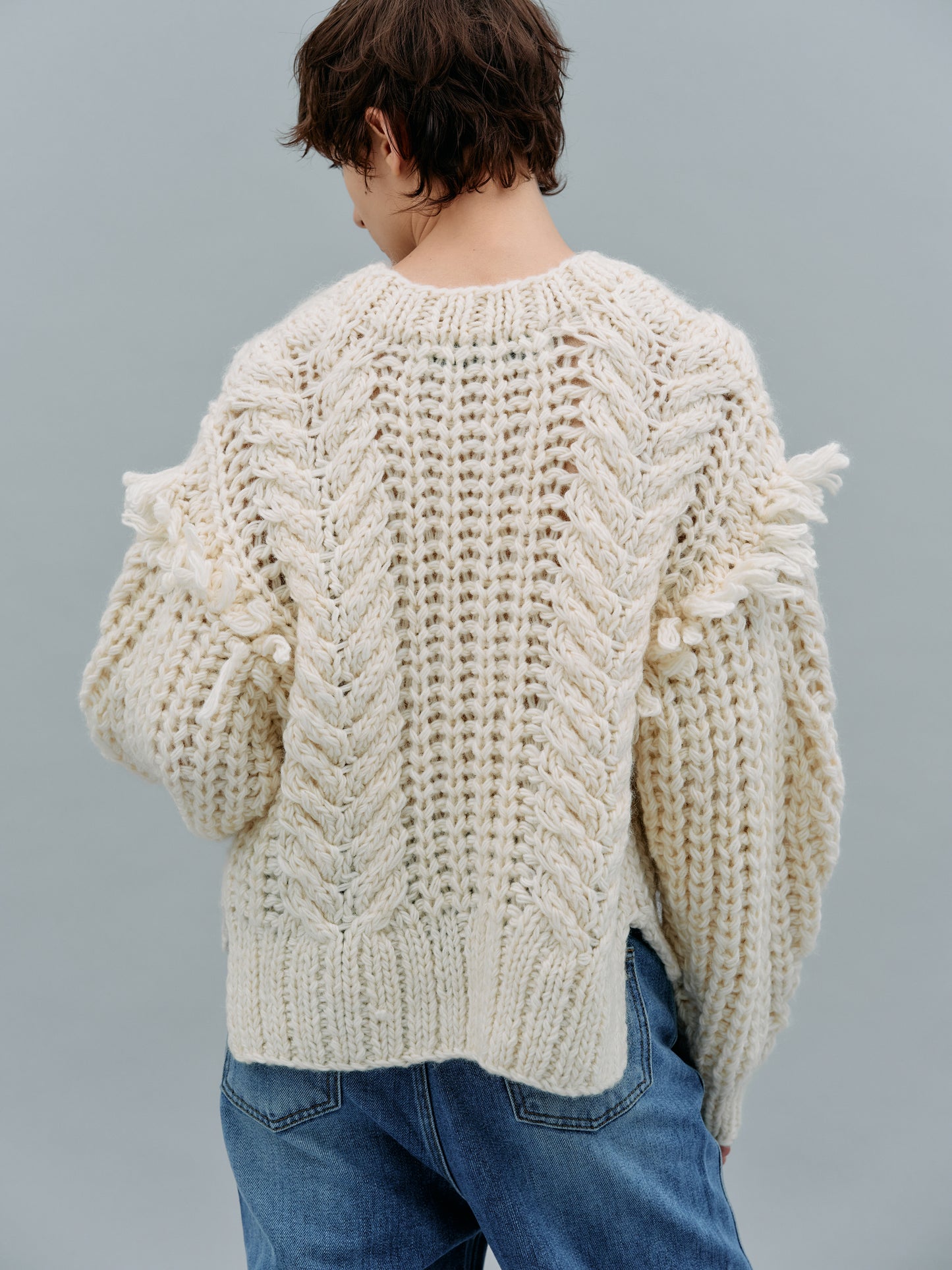 Hand Knit Cable Fringe Sweater, Rice