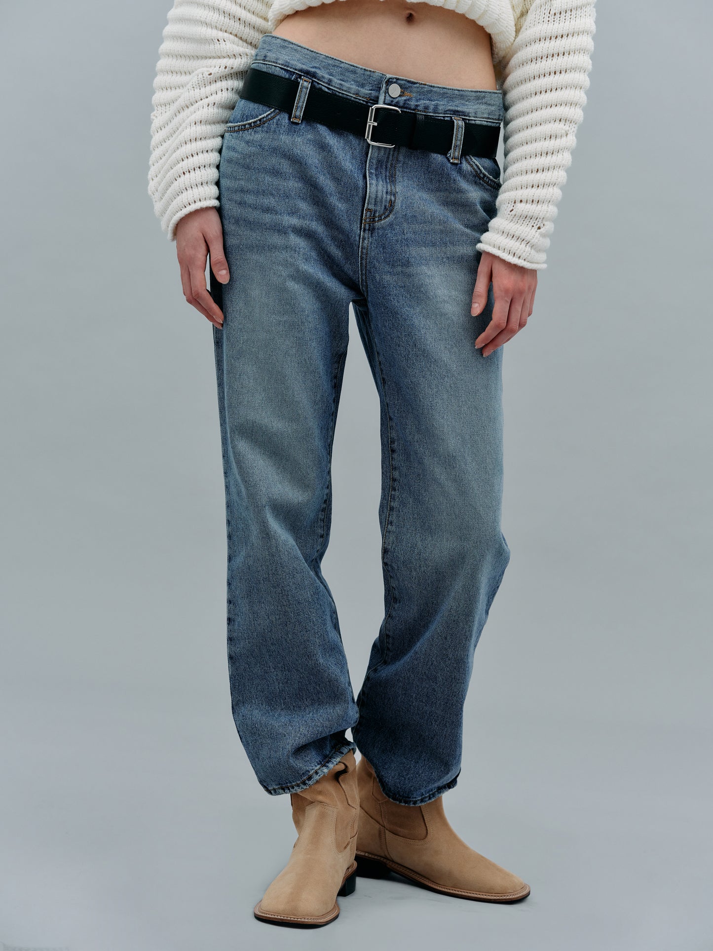 Attached Leather Belted Waist Jeans, Blue
