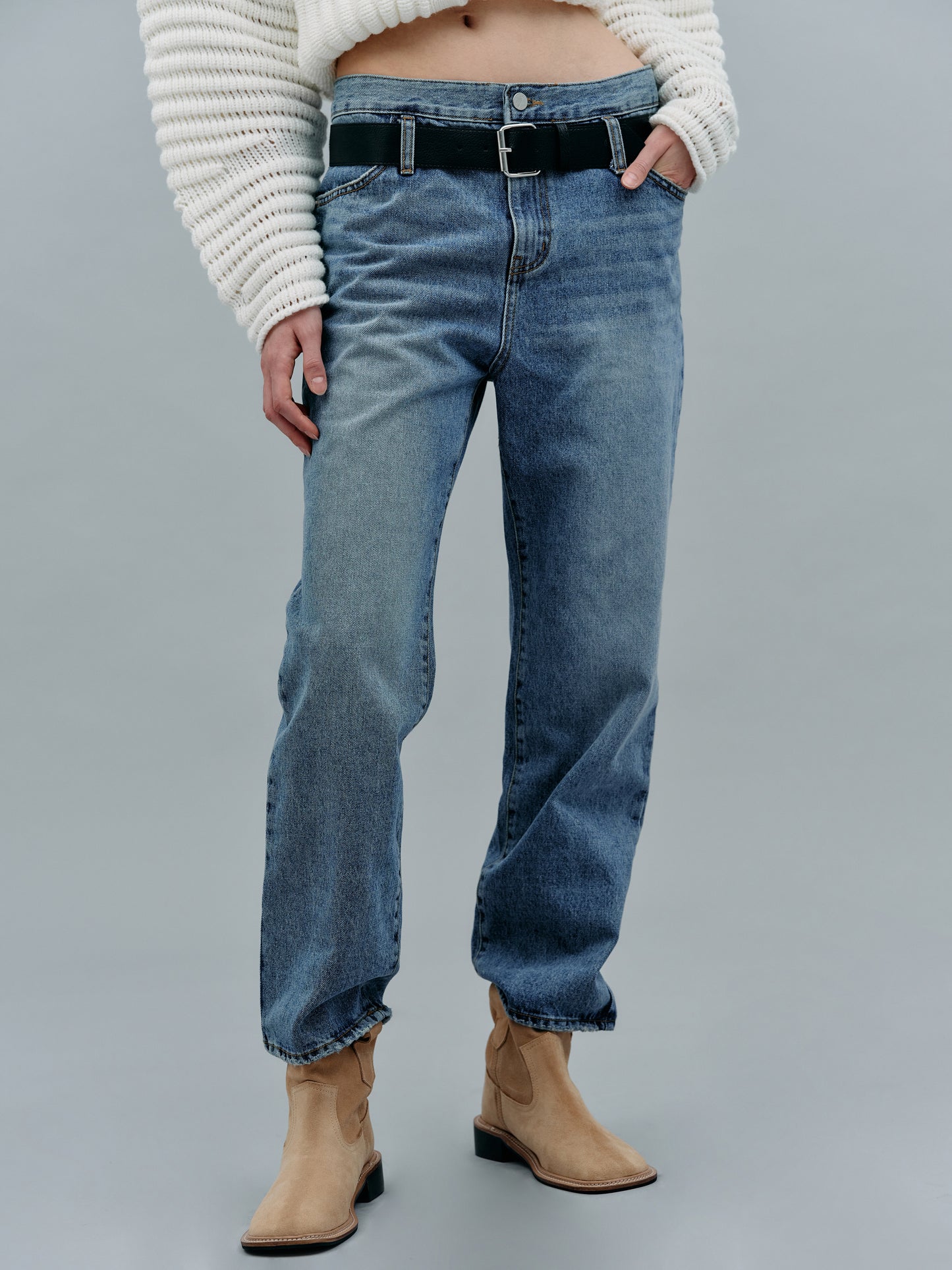 Attached Leather Belted Waist Jeans, Blue