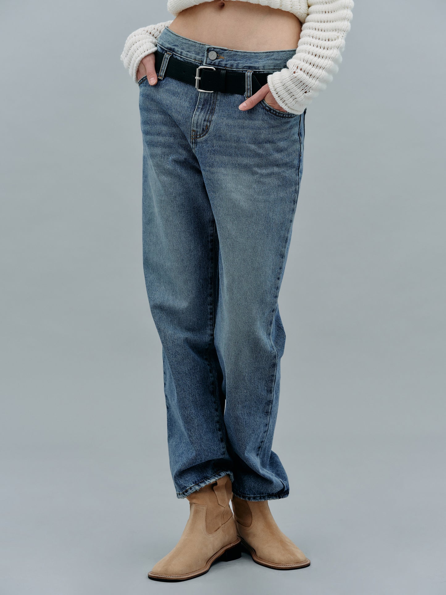 Attached Leather Belted Waist Jeans, Blue