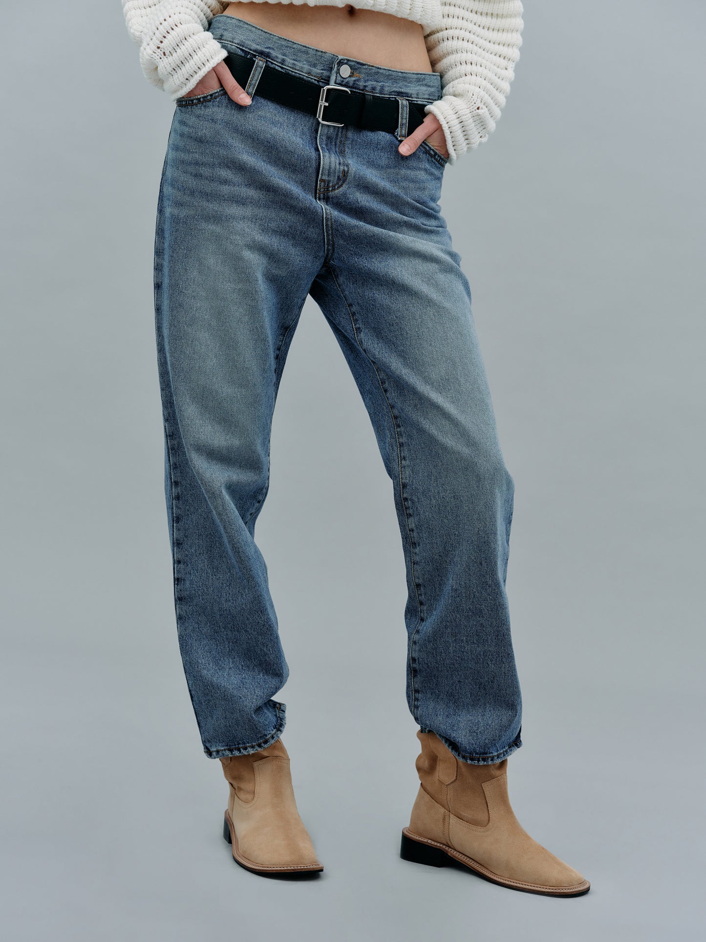 Attached Leather Belted Waist Jeans, Blue